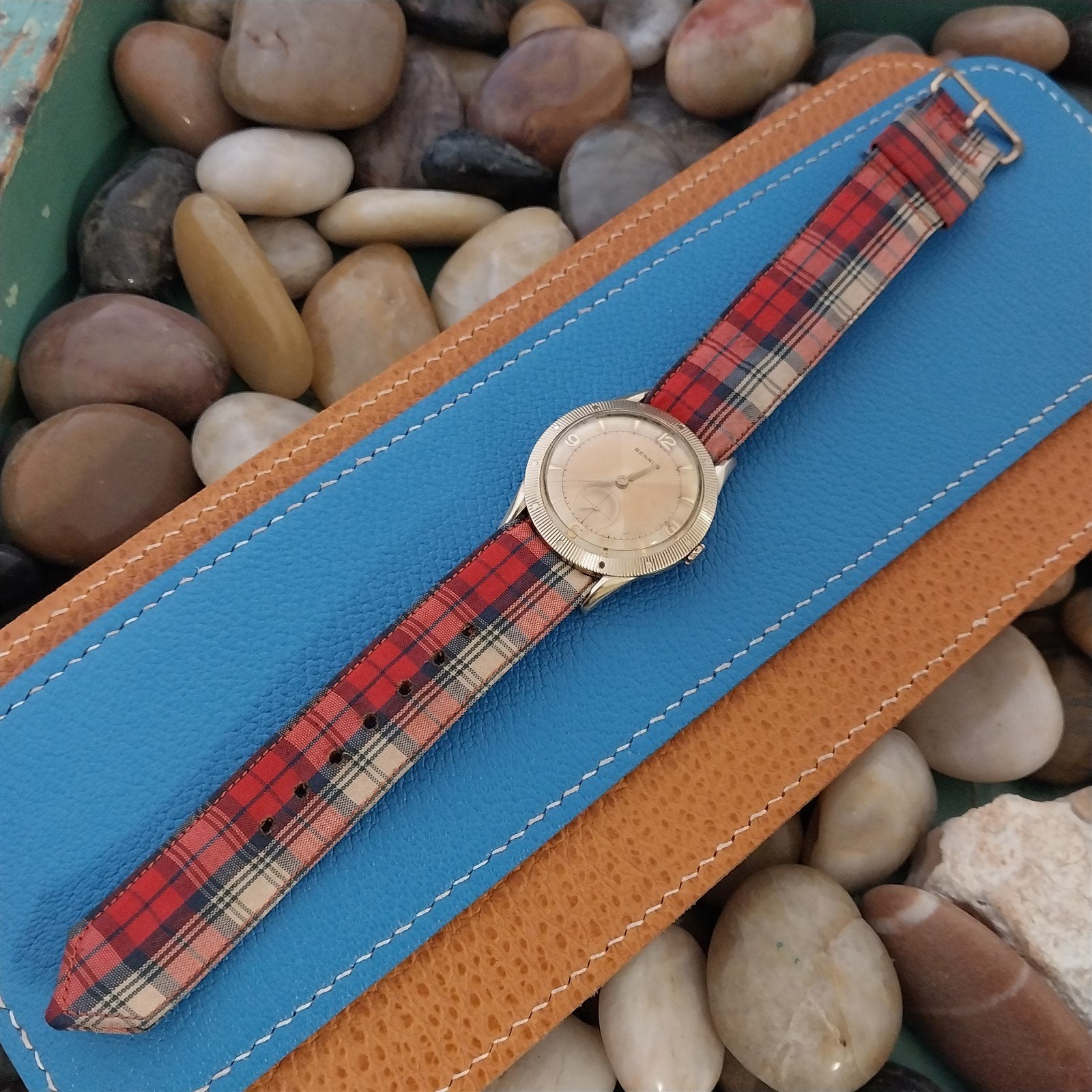 19mm Blue & Red Tartan Plaid Classic Unused Classic nos 1950s Vintage Watch Band
