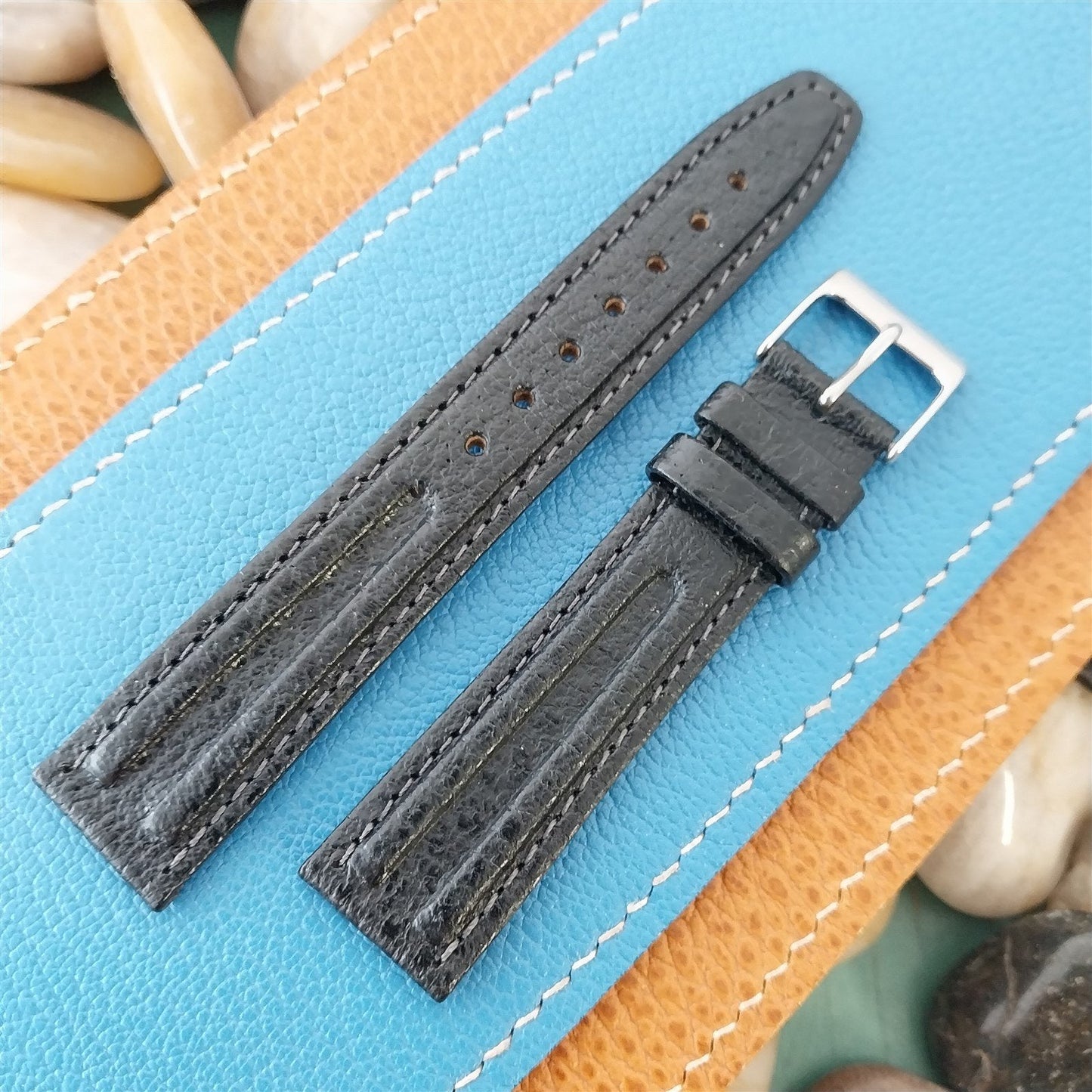 18mm Hirsch Gaucho Black Leather Ridged Tapered 18/16 Unused Vintage Watch Band