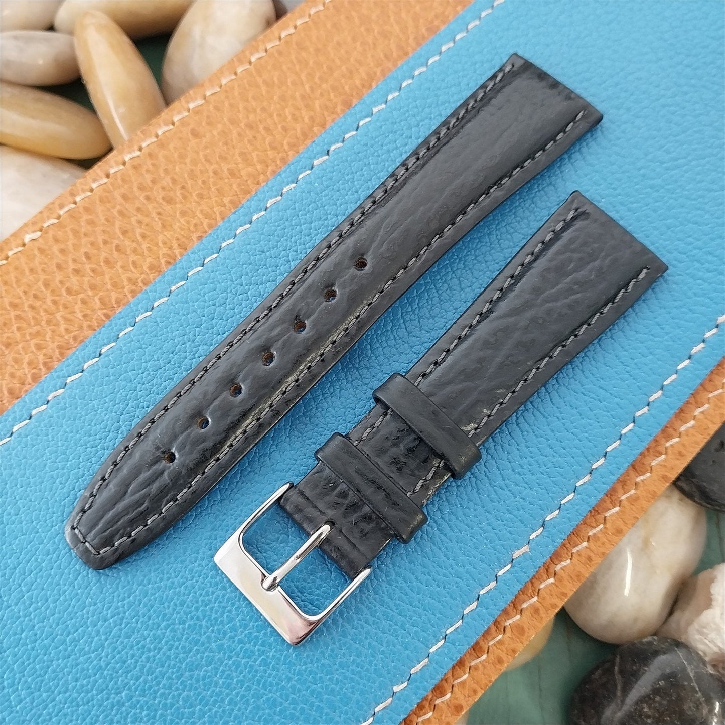 20mm Hirsch Atlantis Black Shark Grain Leather Unused Tapered 20/16 Watch Band