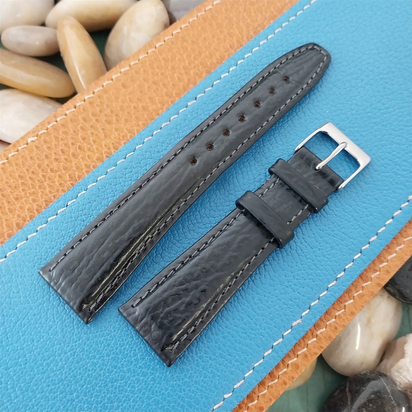 20mm Hirsch Atlantis Black Shark Grain Leather Unused Tapered 20/16 Watch Band