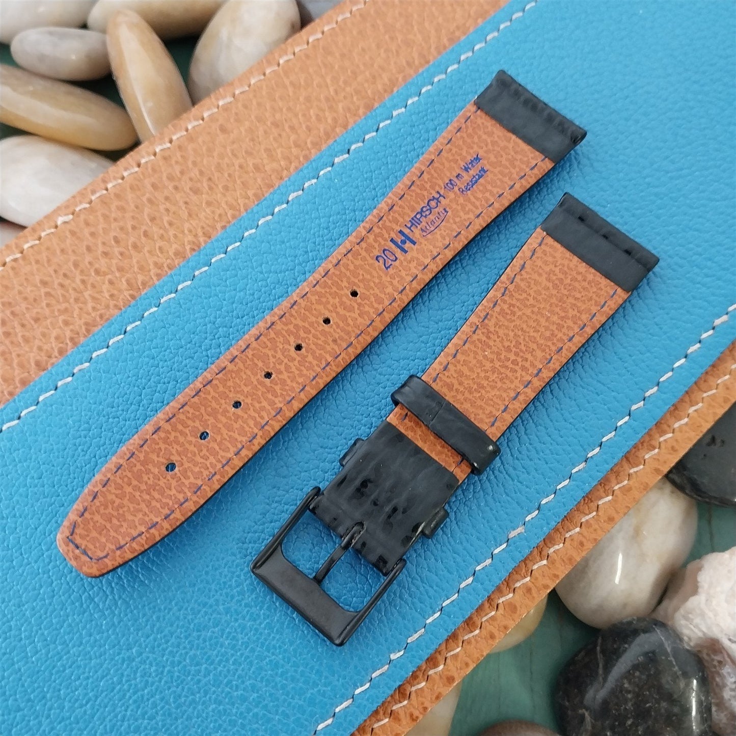 20mm Hirsch Atlantis Black Shark Grain Leather Unused Tapered 20/16 Watch Band