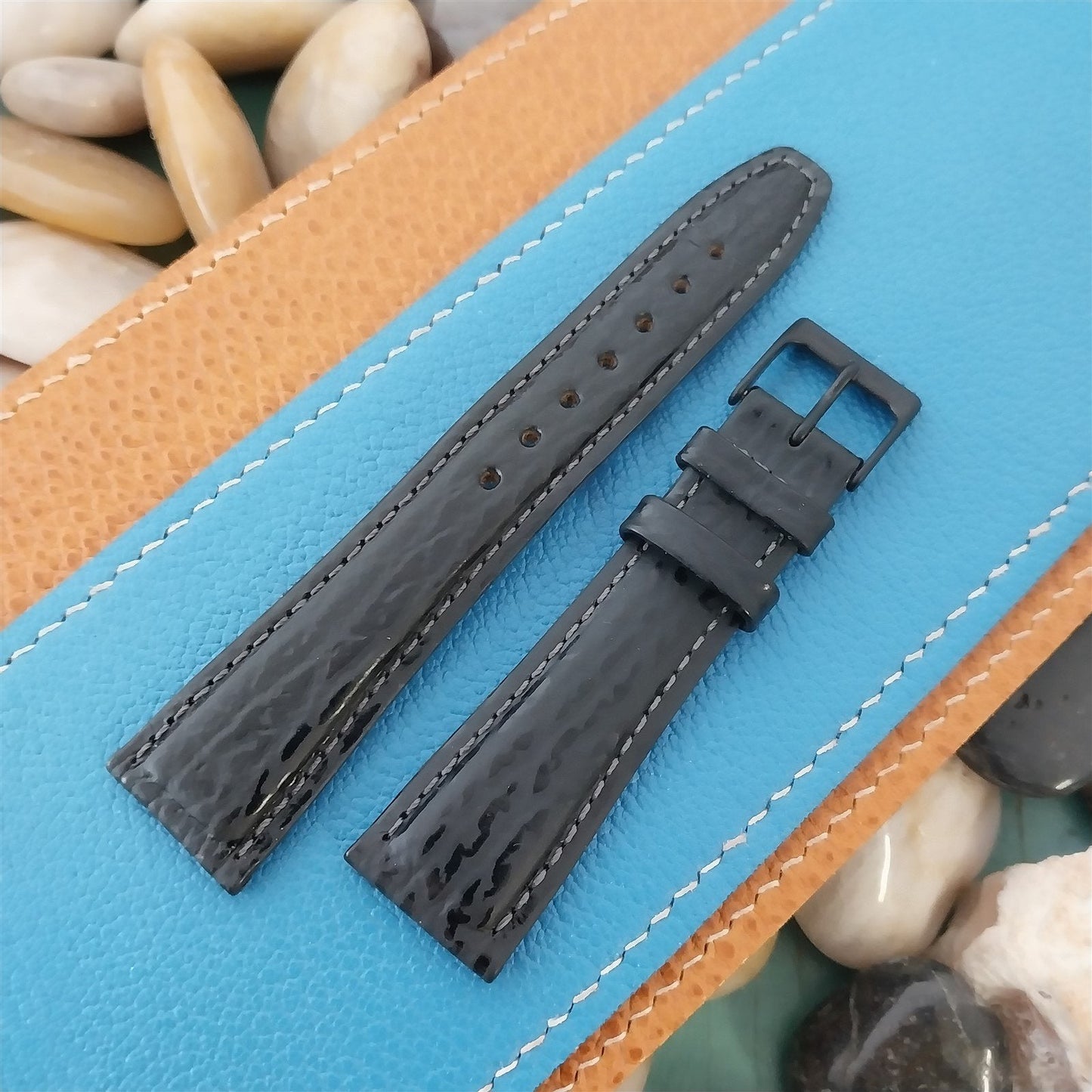 20mm Hirsch Atlantis Black Shark Grain Leather Unused Tapered 20/16 Watch Band