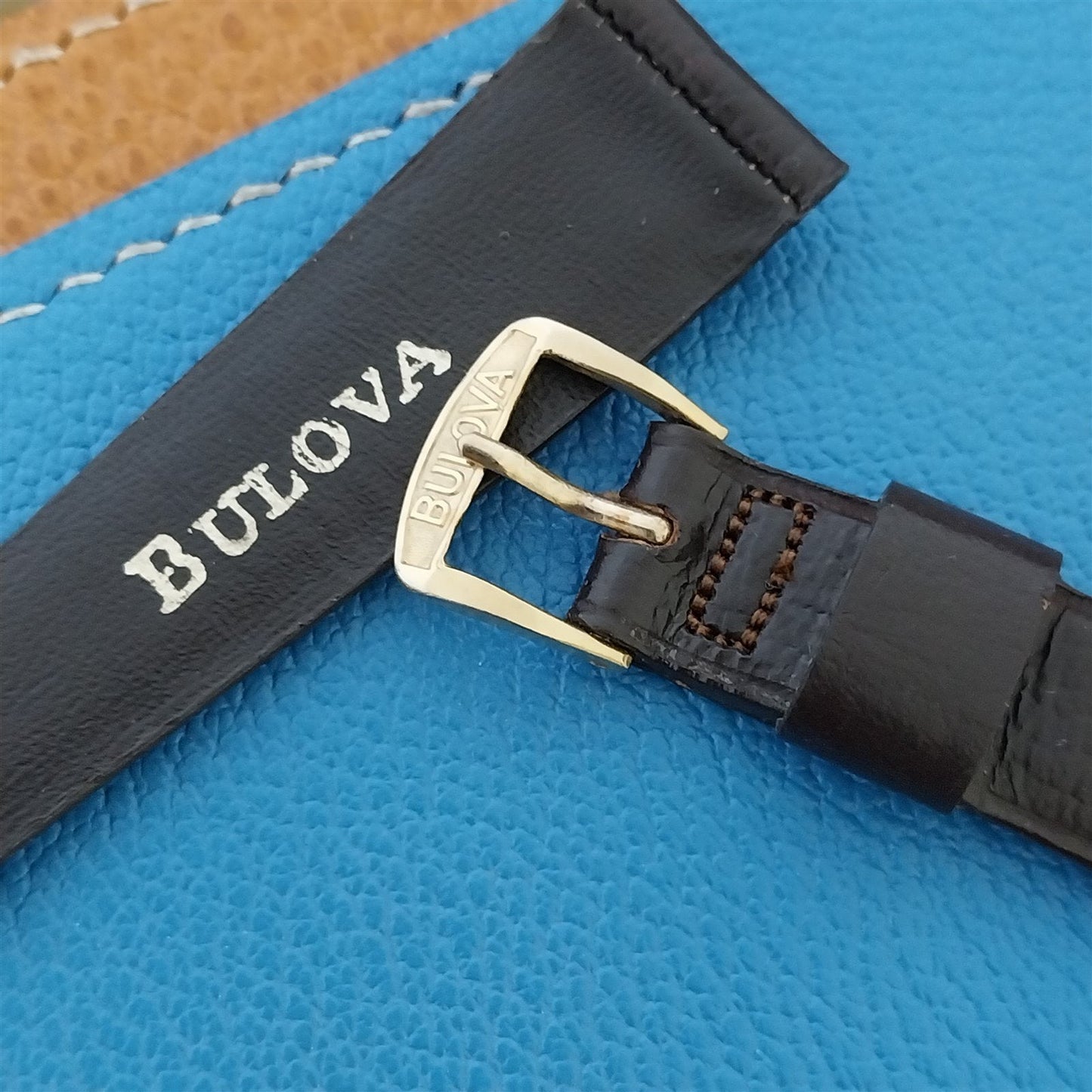 Vintage Bulova 18mm Unused Brown Leather Watch Band & Gold-Tone Logo Buckle