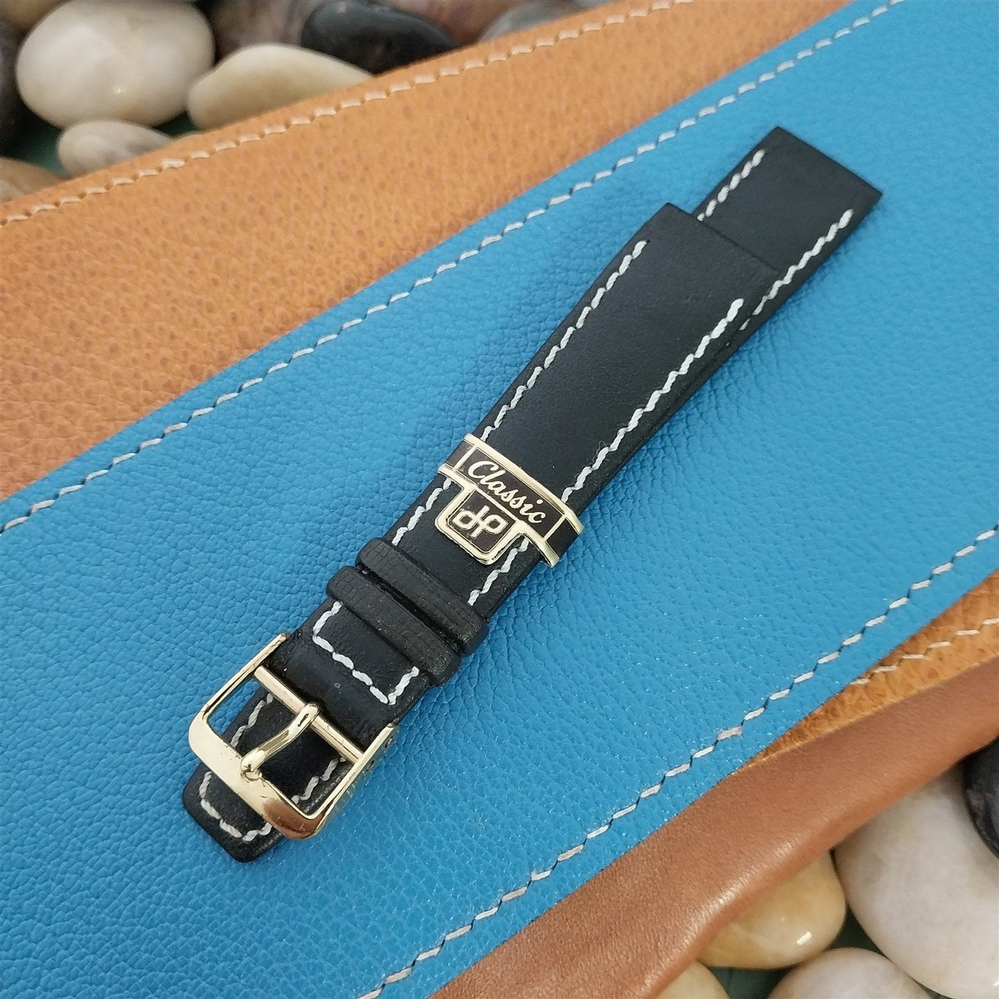 1960s 18mm Black Leather Classic Contrast Stitch Tapered NOS Vintage Watch Band