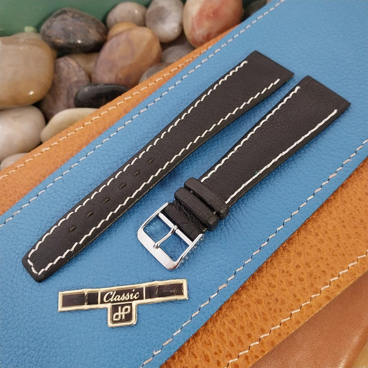 1960s 20mm Black Leather Classic Contrast Stitch Tapered NOS Vintage Watch Band