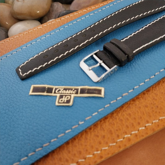 1960s 20mm Black Leather Classic Contrast Stitch Tapered NOS Vintage Watch Band