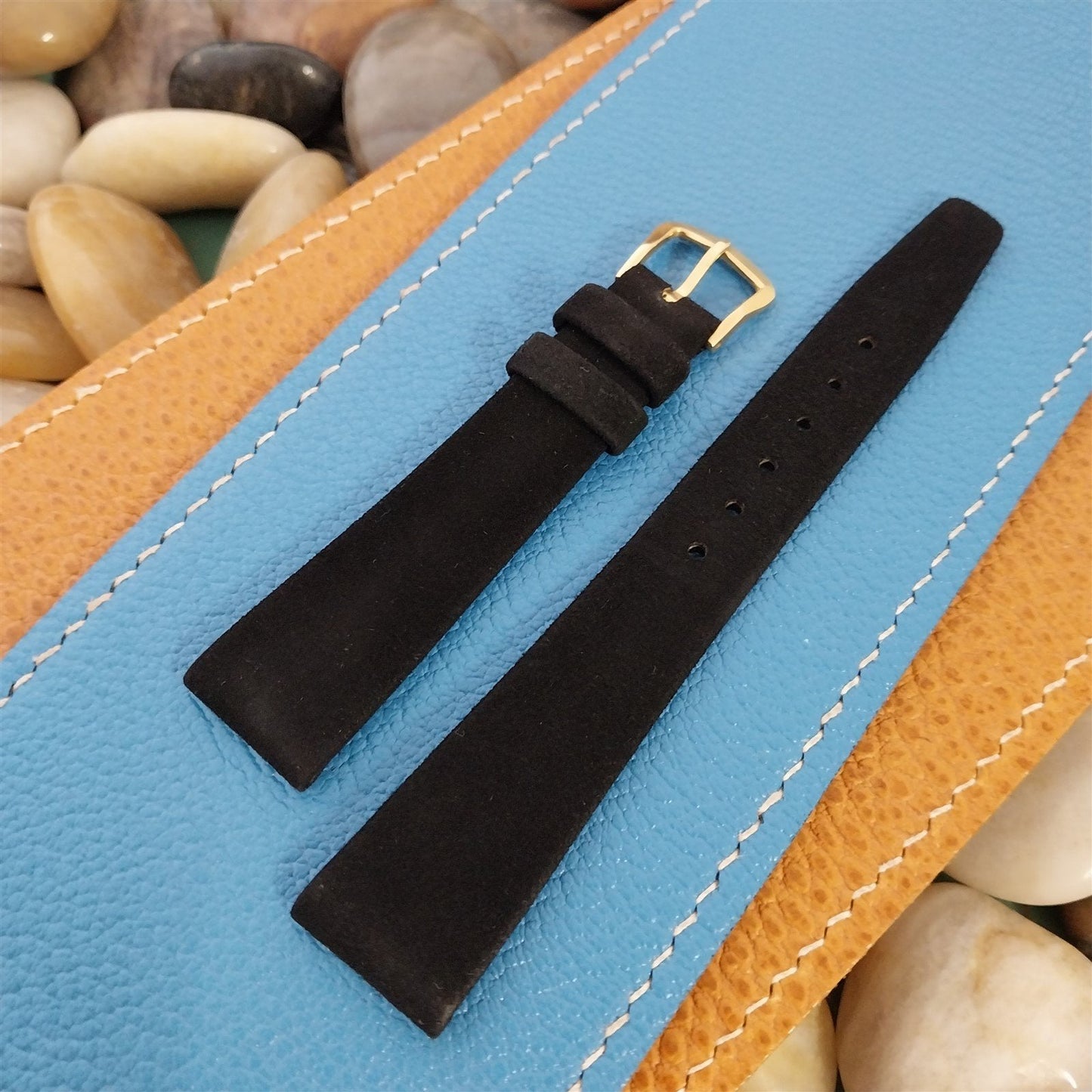 Vintage Omega 17.6mm Black Suede Classic Watch Band & Gold-Tone Logo Buckle