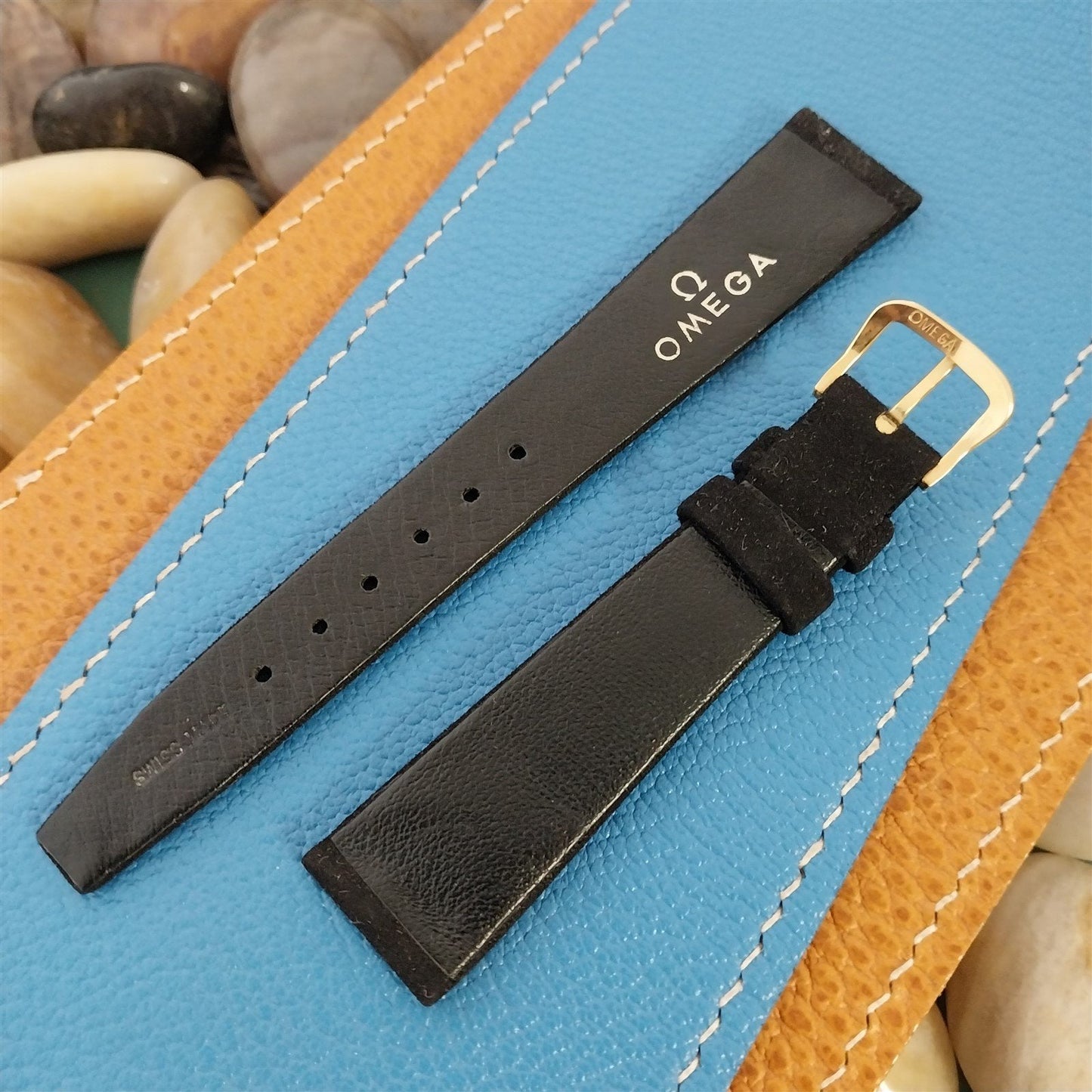 Vintage Omega 17.6mm Black Suede Classic Watch Band & Gold-Tone Logo Buckle