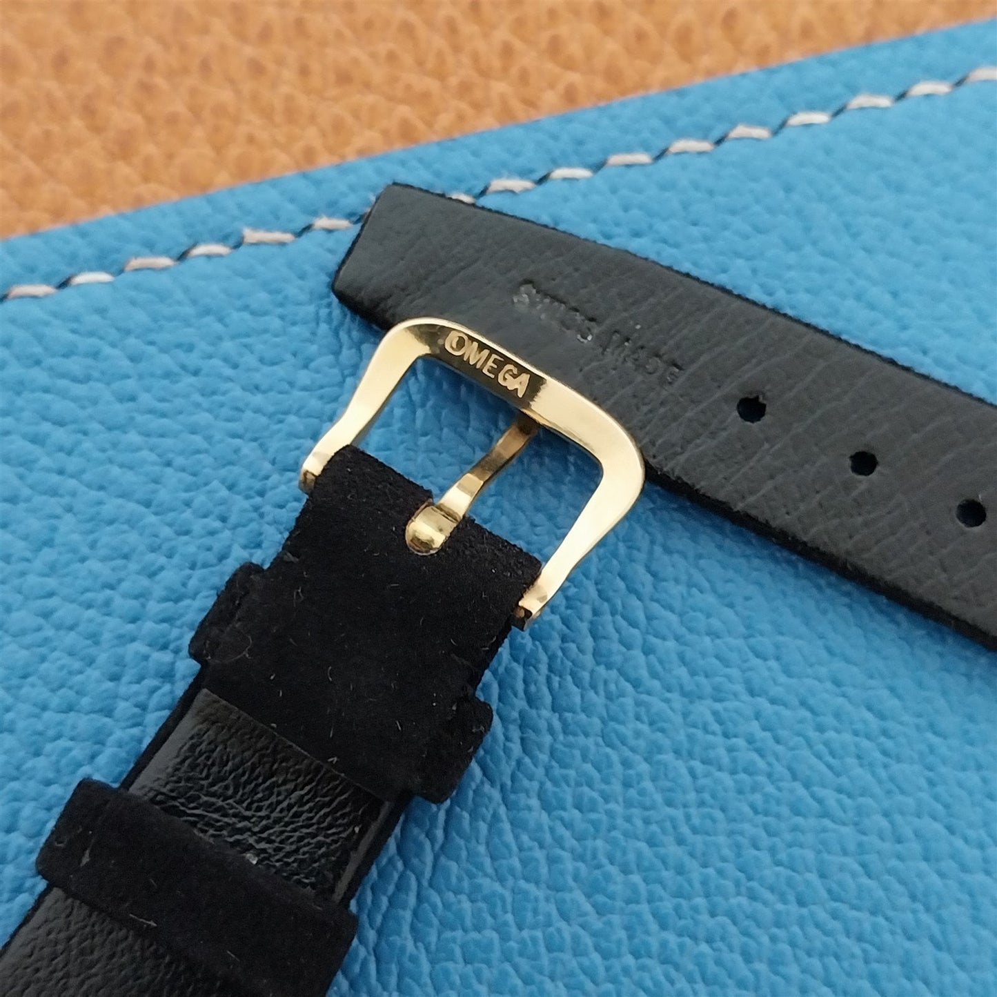 Vintage Omega 17.6mm Black Suede Classic Watch Band & Gold-Tone Logo Buckle