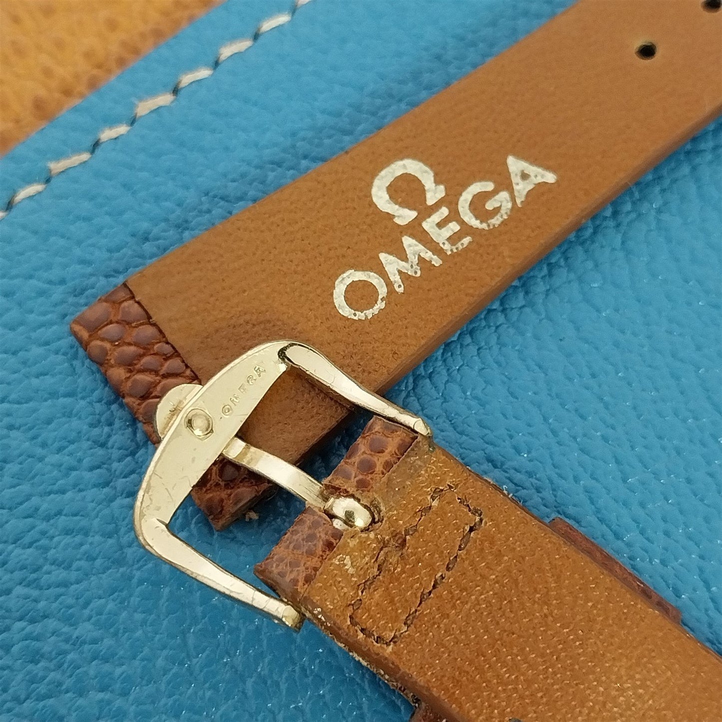 Vintage Omega 18mm Short Lizard Tapered nos Watch Band & Signed Gold-Tone Buckle