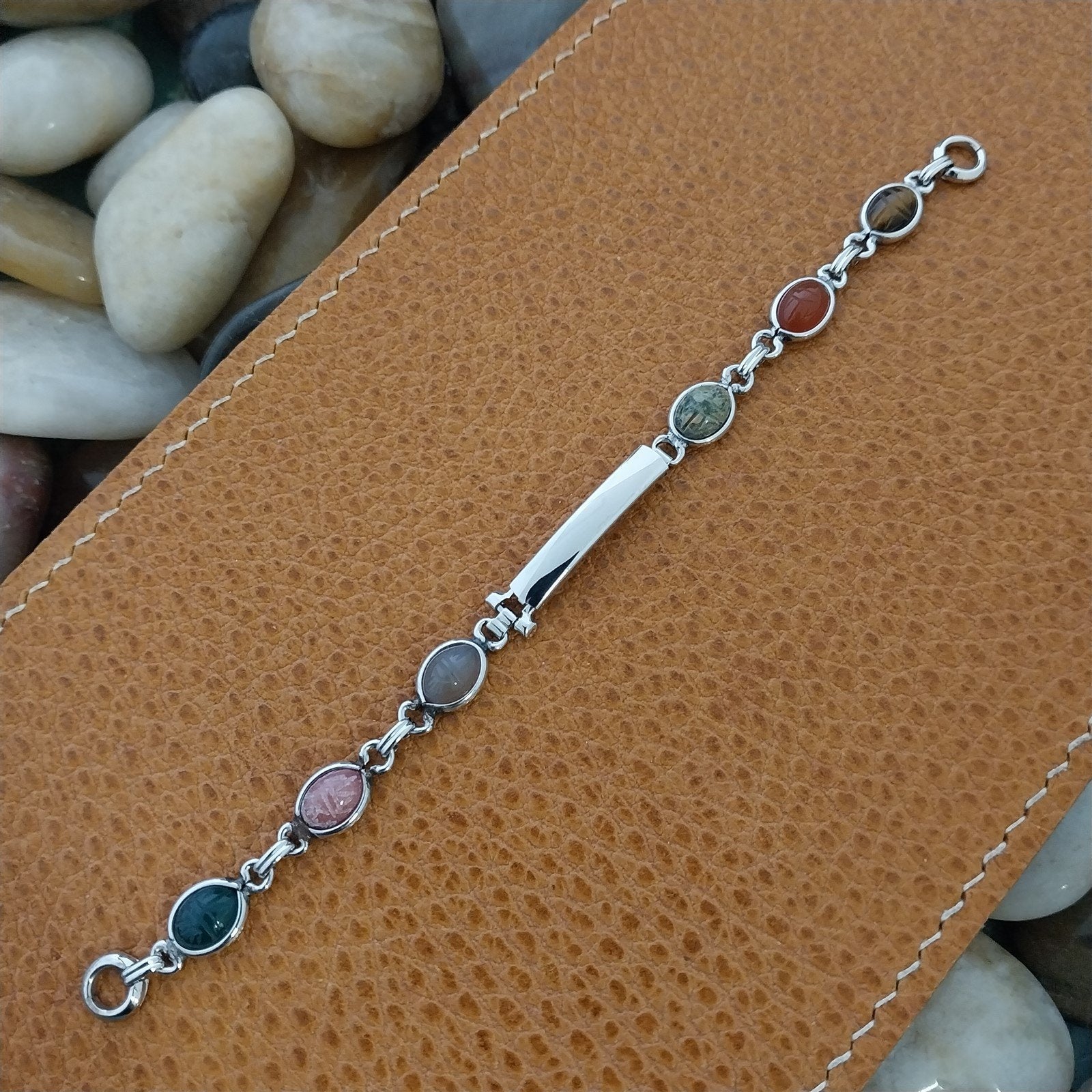 Vintage 1960s White Gold-Filled Natural Gemstone Scarab Cocktail Watch Bracelet