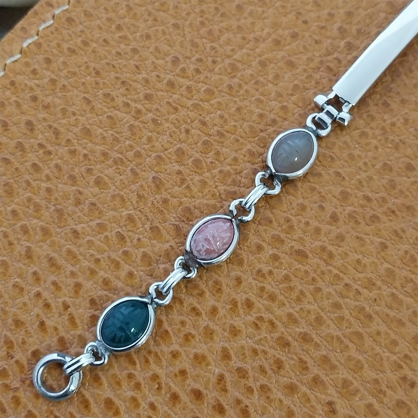 Vintage 1960s White Gold-Filled Natural Gemstone Scarab Cocktail Watch Bracelet