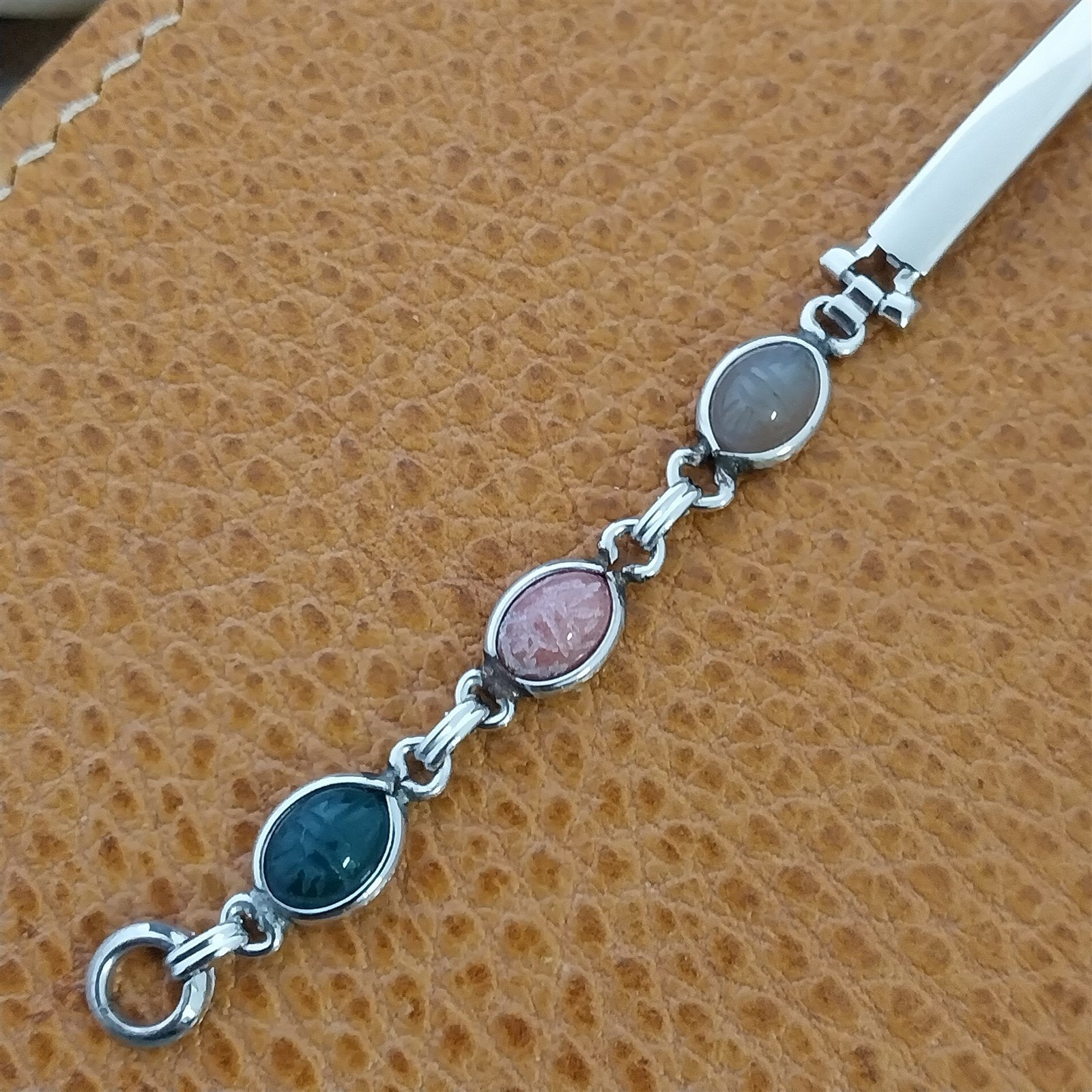 Vintage 1960s White Gold-Filled Natural Gemstone Scarab Cocktail Watch Bracelet