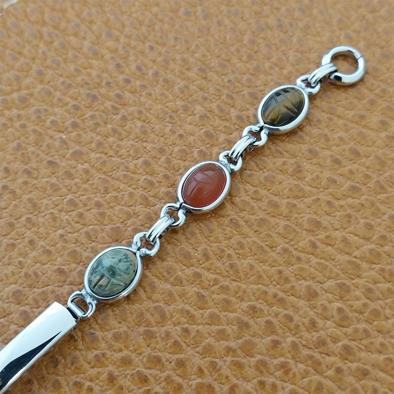 Vintage 1960s White Gold-Filled Natural Gemstone Scarab Cocktail Watch Bracelet