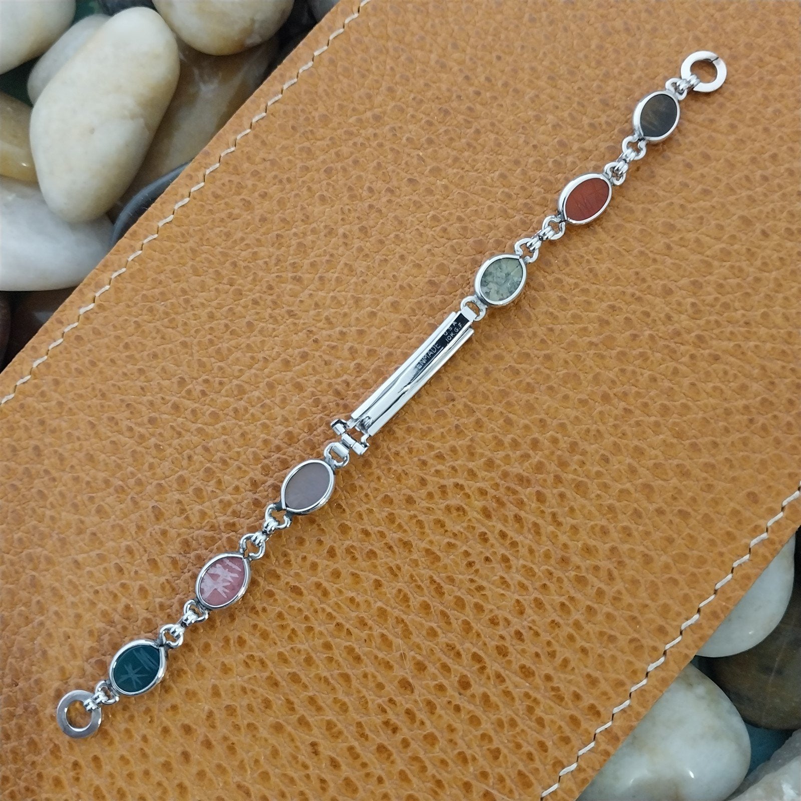 Vintage 1960s White Gold-Filled Natural Gemstone Scarab Cocktail Watch Bracelet