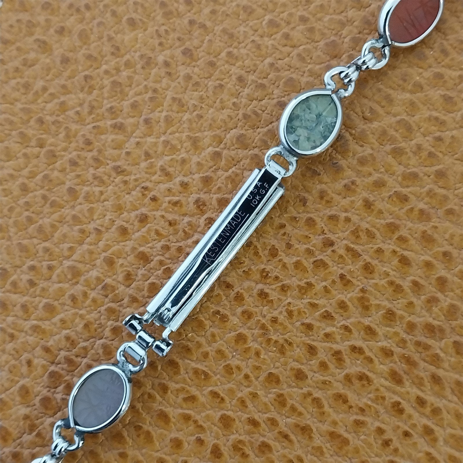 Vintage 1960s White Gold-Filled Natural Gemstone Scarab Cocktail Watch Bracelet