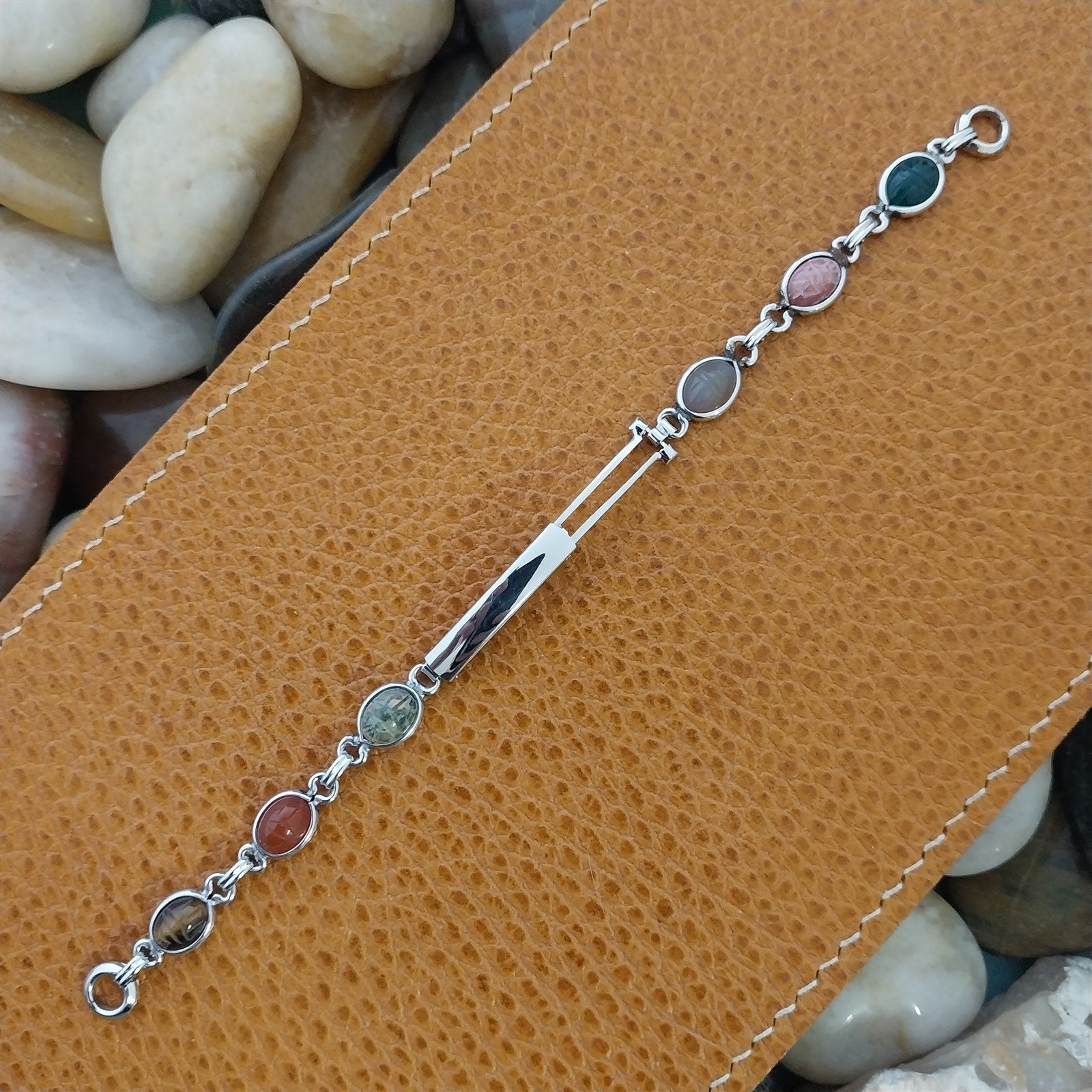 Vintage 1960s White Gold-Filled Natural Gemstone Scarab Cocktail Watch Bracelet