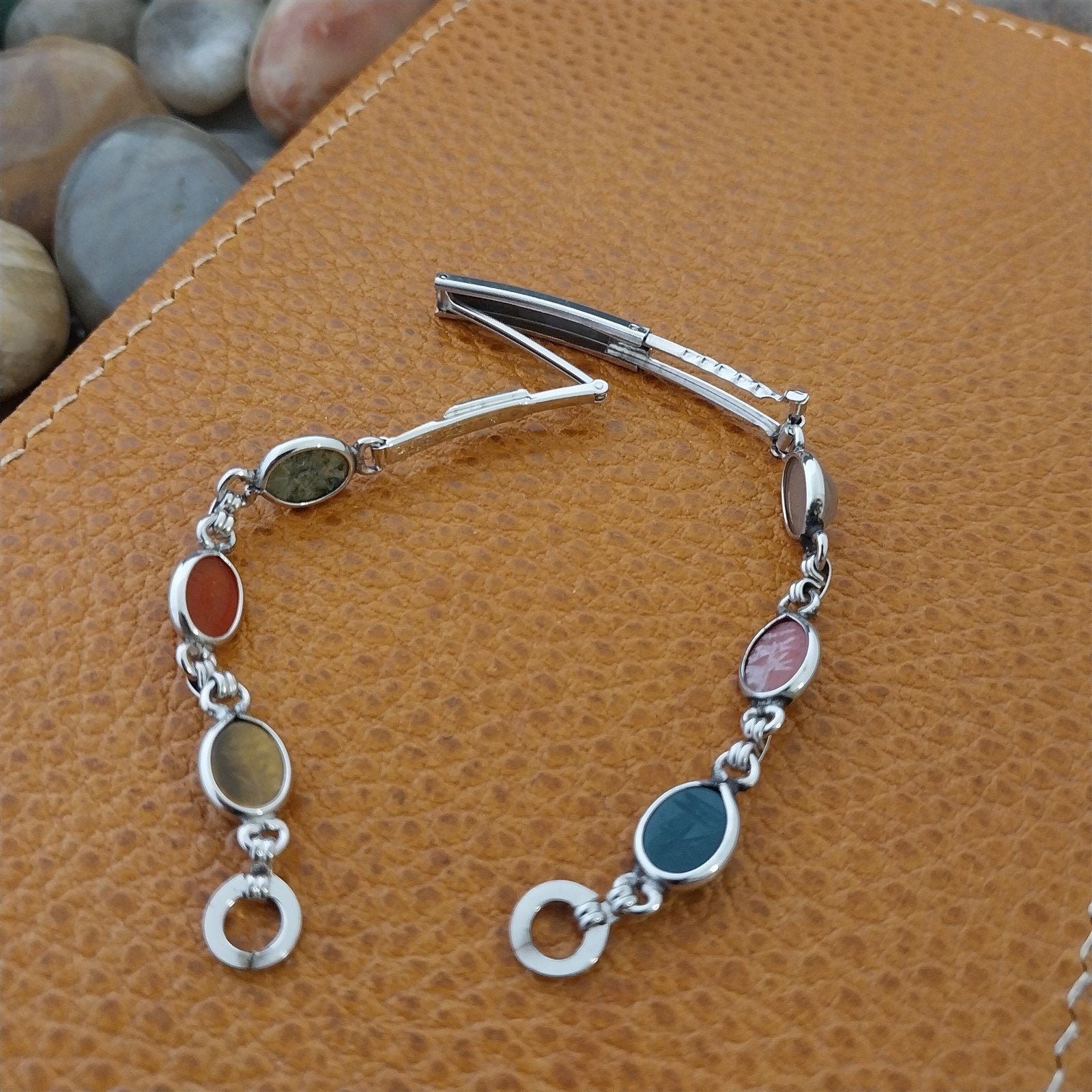 Vintage 1960s White Gold-Filled Natural Gemstone Scarab Cocktail Watch Bracelet