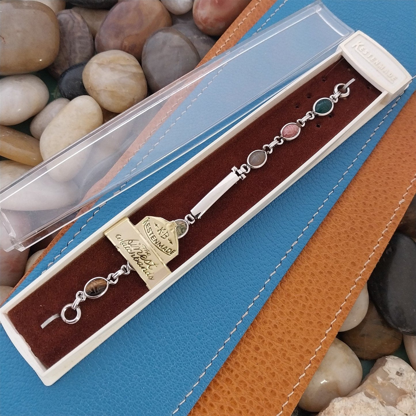 Vintage 1960s White Gold-Filled Natural Gemstone Scarab Cocktail Watch Bracelet