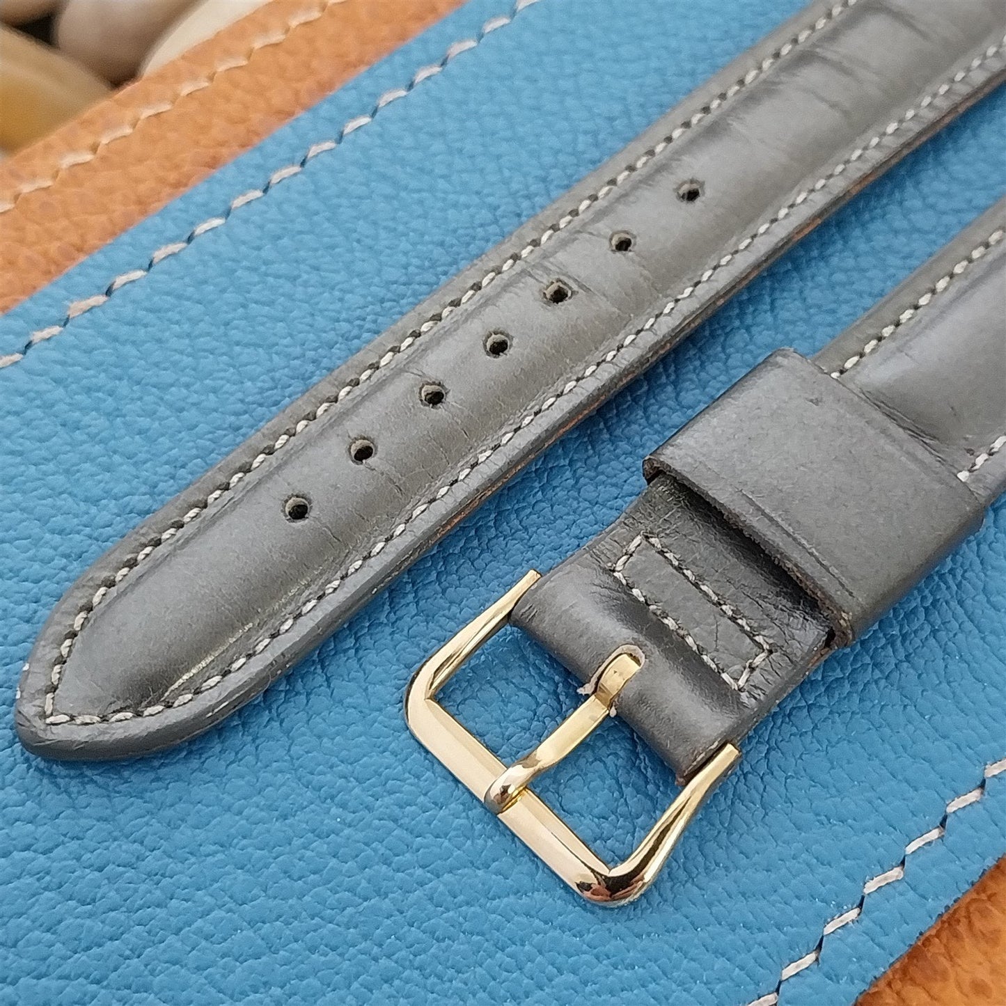 Vintage 5/8" Elgin Unused 1950s Pearl Gray Leather Watch Band & Logo Buckle