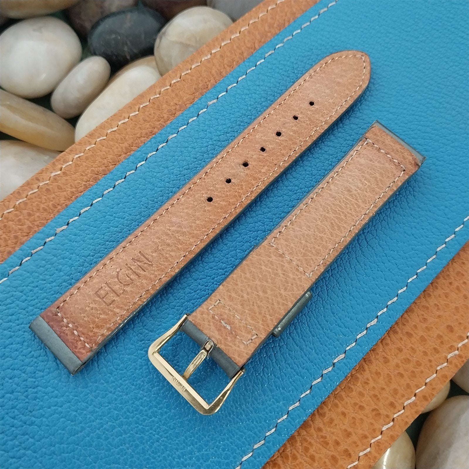 Vintage 5/8" Elgin Unused 1950s Pearl Gray Leather Watch Band & Logo Buckle