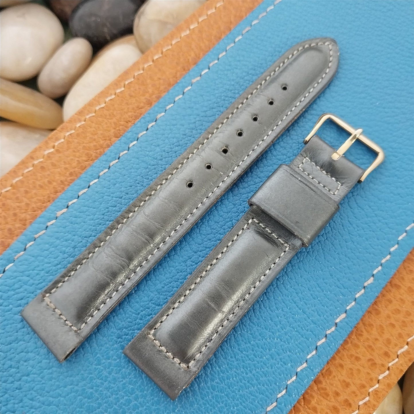 Vintage 5/8" Elgin Unused 1950s Pearl Gray Leather Watch Band & Logo Buckle