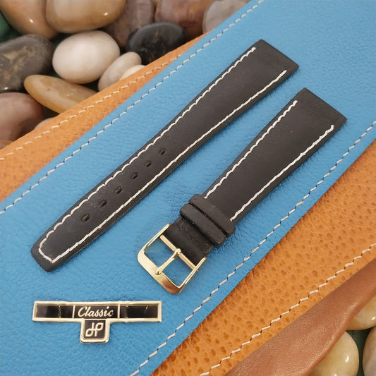 1960s 20mm Black Leather Classic Contrast Stitch Tapered NOS Vintage Watch Band