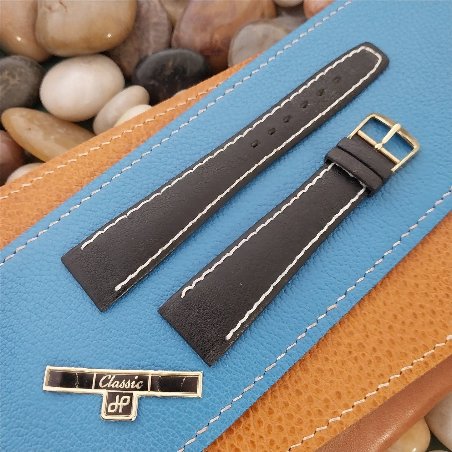 1960s 20mm Black Leather Classic Contrast Stitch Tapered NOS Vintage Watch Band