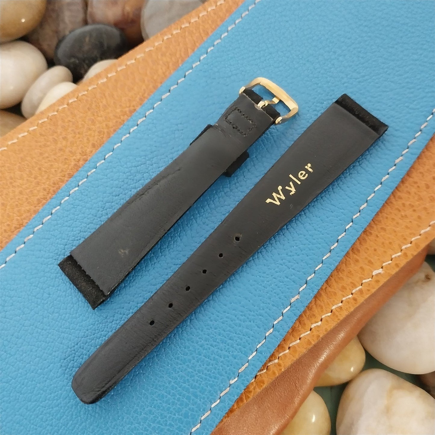 17mm Wyler Black Suede nos 1960s Vintage Watch Band & Gold-Tone Logo Buckle