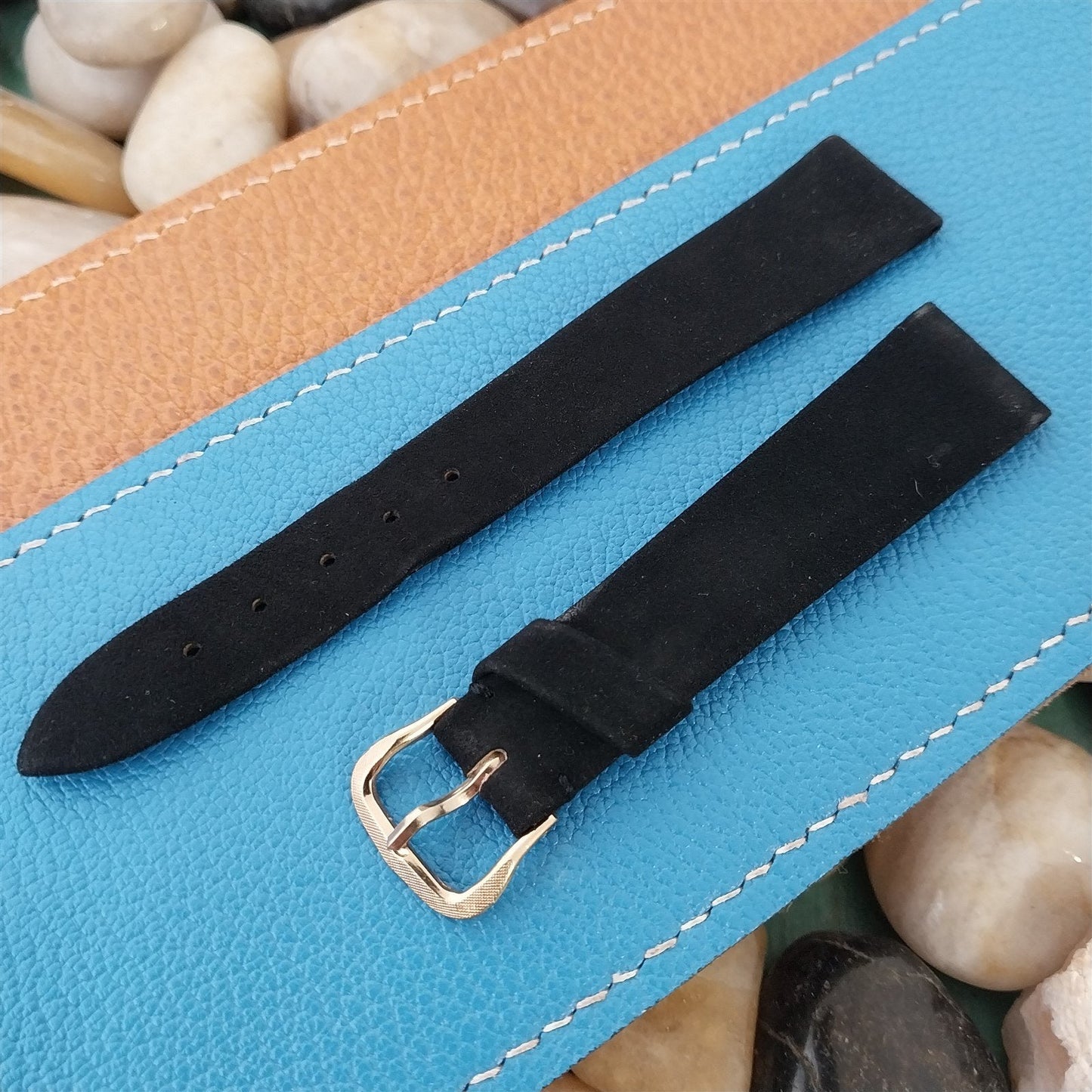 Vintage 17.4mm Gubelin Black Suede nos Unused Classic 1960s Watch Band