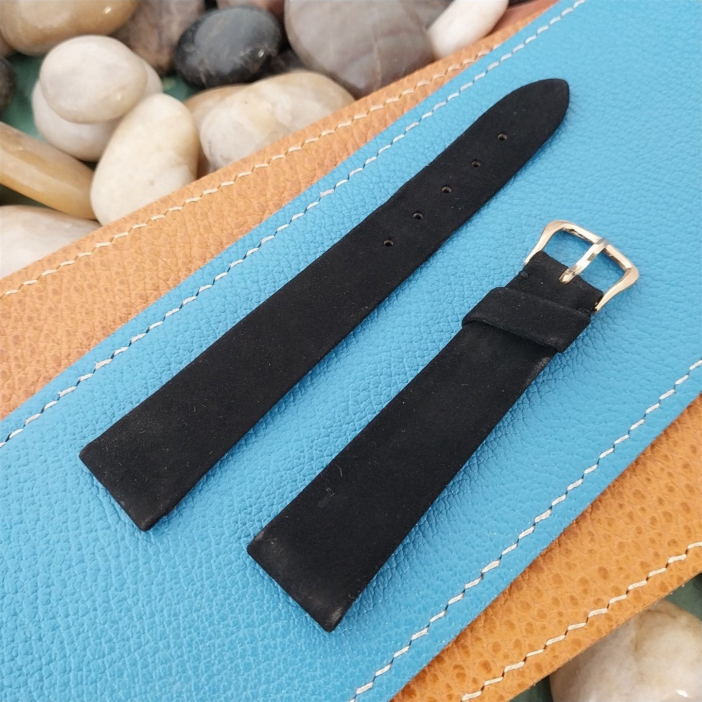 Vintage 17.4mm Gubelin Black Suede nos Unused Classic 1960s Watch Band