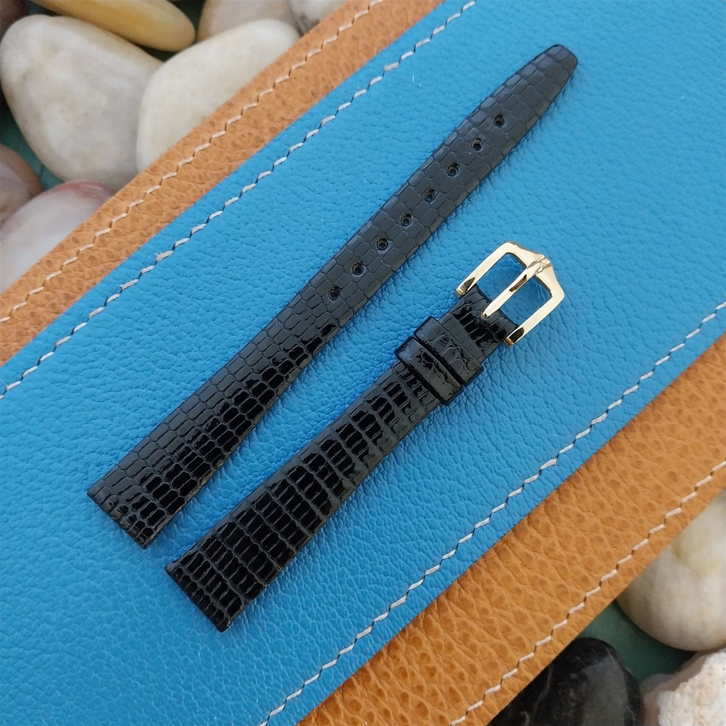 13mm Hirsch Black Genuine Lizard Leather Tapered Unused nos Vintage Watch Band