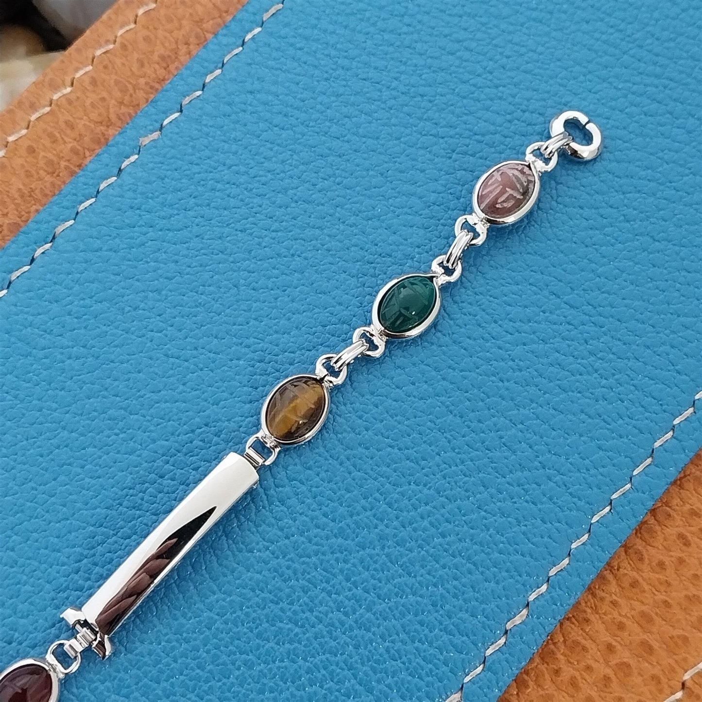 Vintage JB Champion Ladies Carved Scarabs & White Gold-Filled 1960s Watch Band