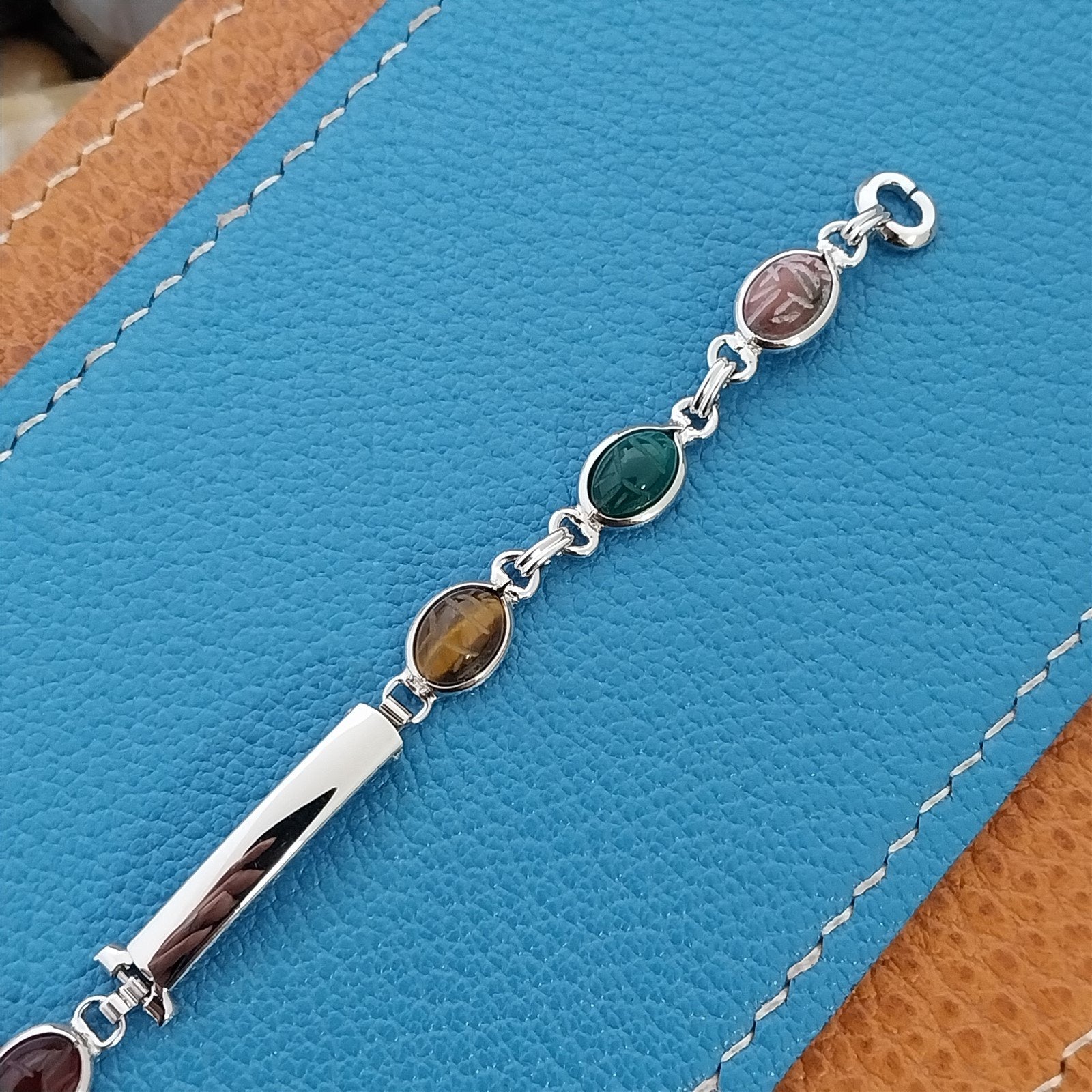 Vintage JB Champion Ladies Carved Scarabs & White Gold-Filled 1960s Watch Band