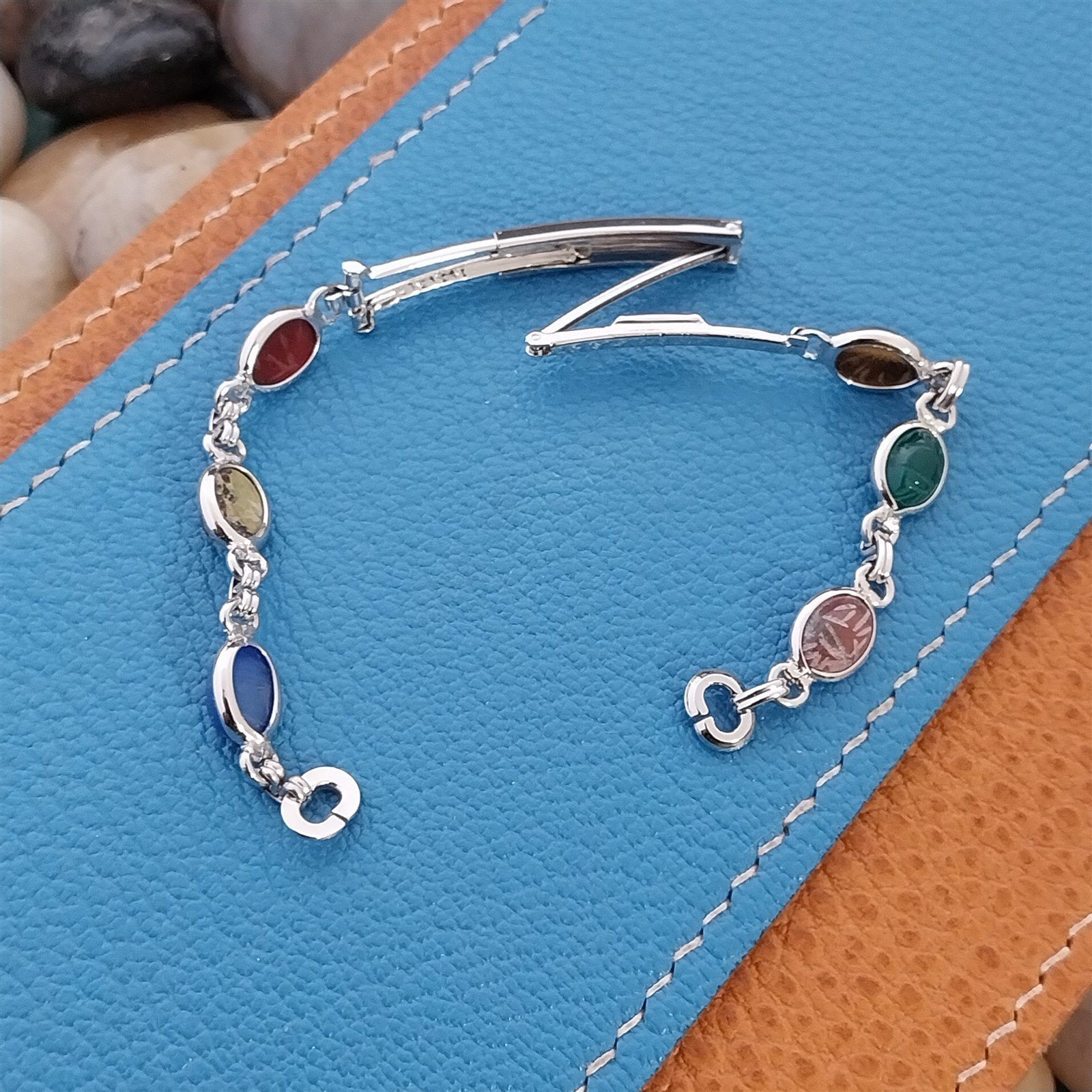 Vintage JB Champion Ladies Carved Scarabs & White Gold-Filled 1960s Watch Band