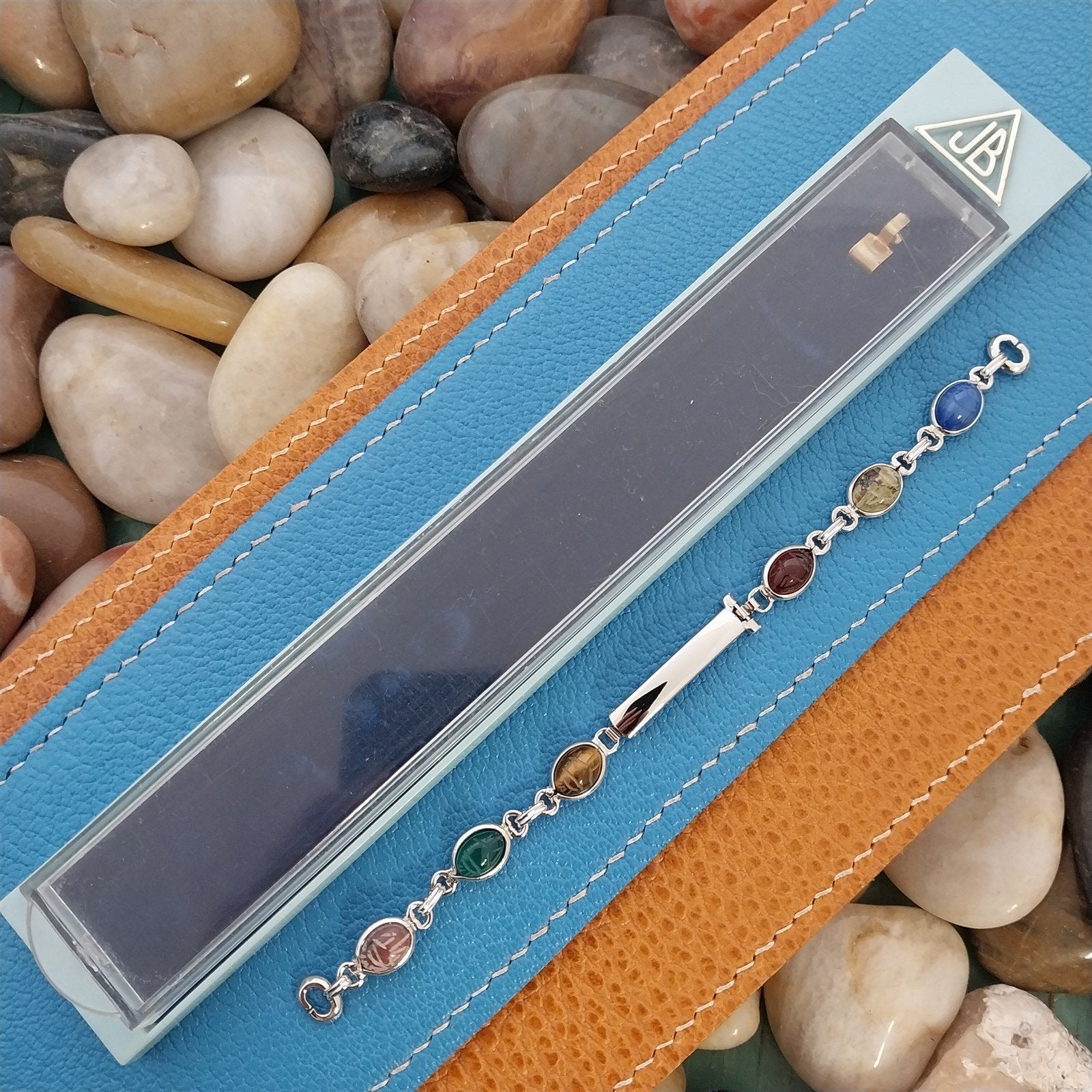 Vintage JB Champion Ladies Carved Scarabs & White Gold-Filled 1960s Watch Band