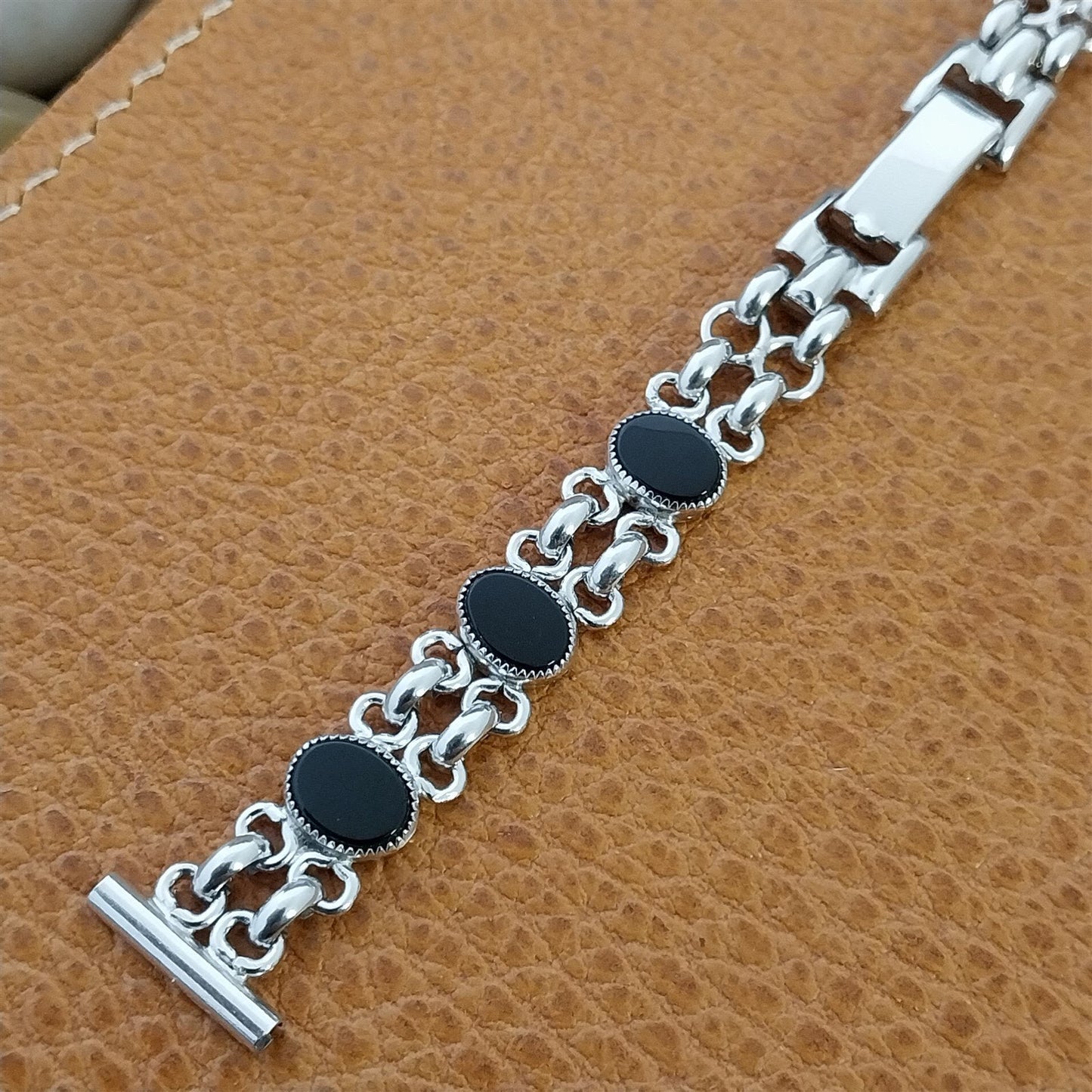 Vintage Hadley Ladies 14mm White Gold-Filled &Black Onyx Cocktail Watch Bracelet