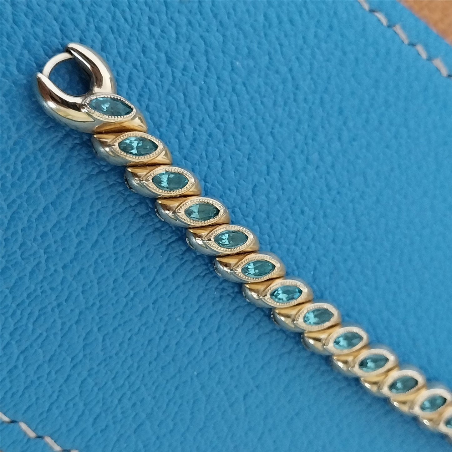 1950s Vintage Ladies Gold-Filled & Blue Rhinestone Bretton Cocktail Watch Band