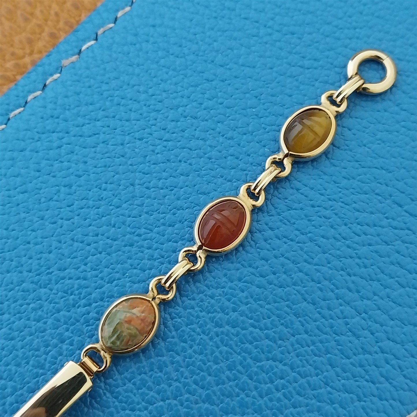 Vintage Ladies 1950s Carved Stone Scarab 10k Yellow Gold-Filled Watch Bracelet