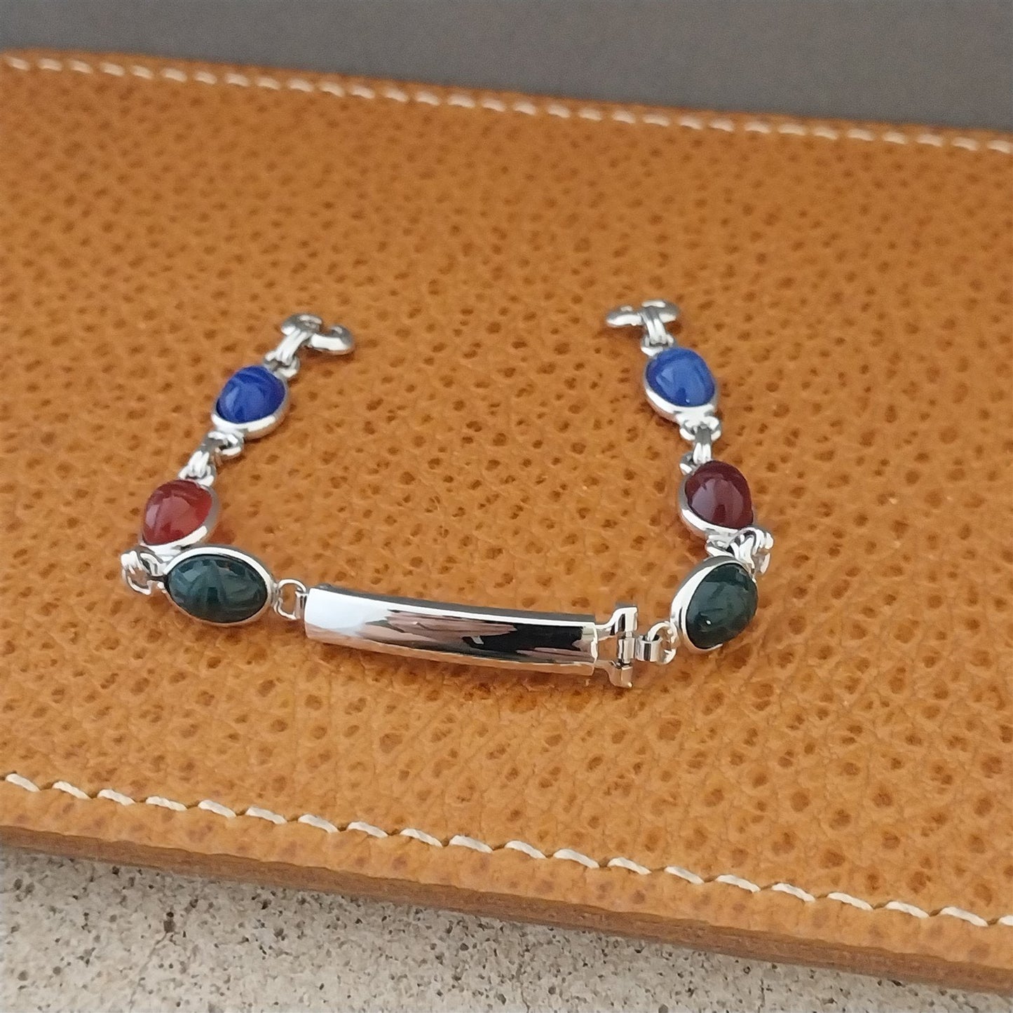 Vintage JB Champion Ladies Carved Scarabs & White Gold-Filled 1960s Watch Band