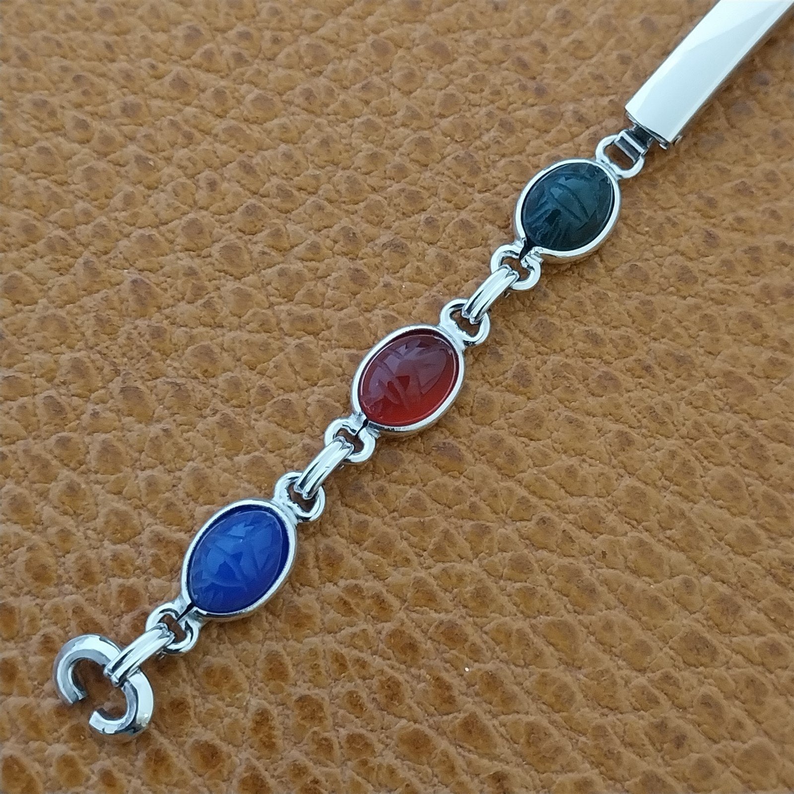 Vintage JB Champion Ladies Carved Scarabs & White Gold-Filled 1960s Watch Band