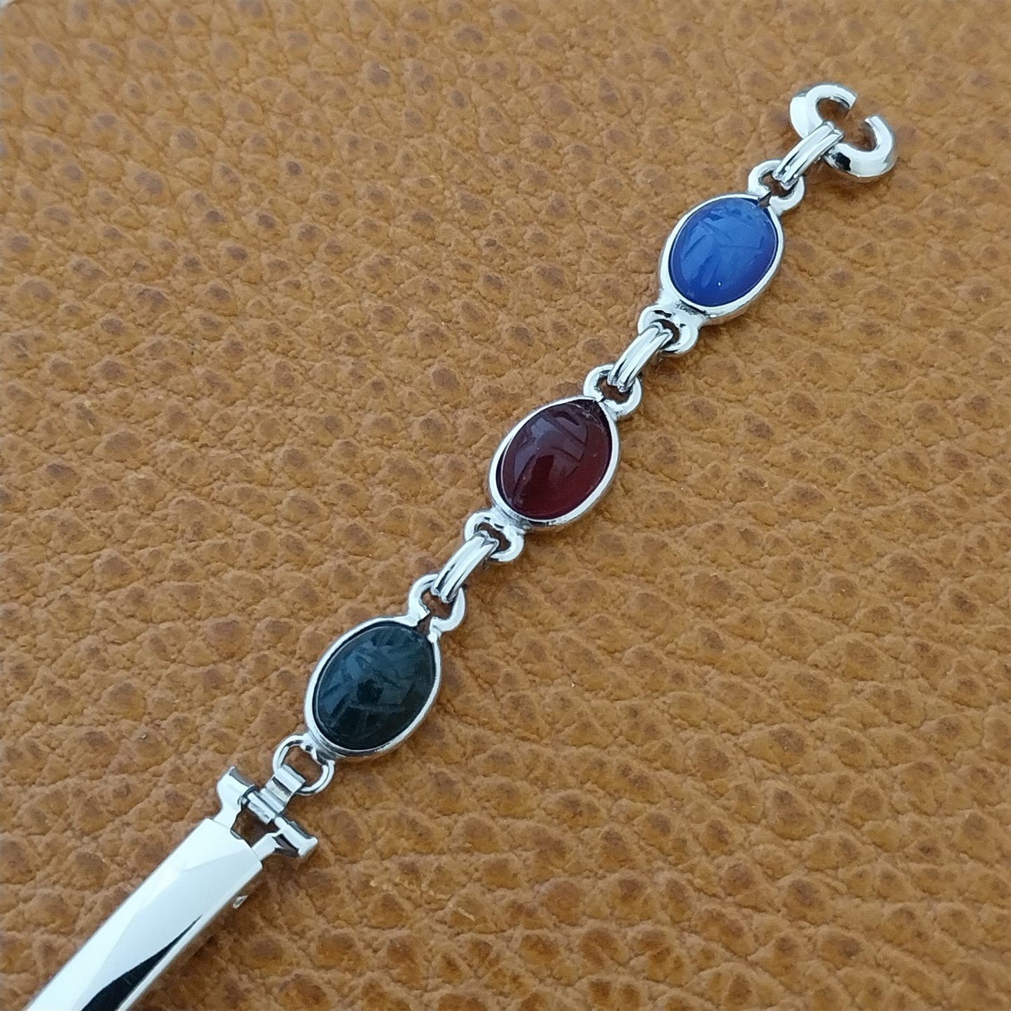 Vintage JB Champion Ladies Carved Scarabs & White Gold-Filled 1960s Watch Band