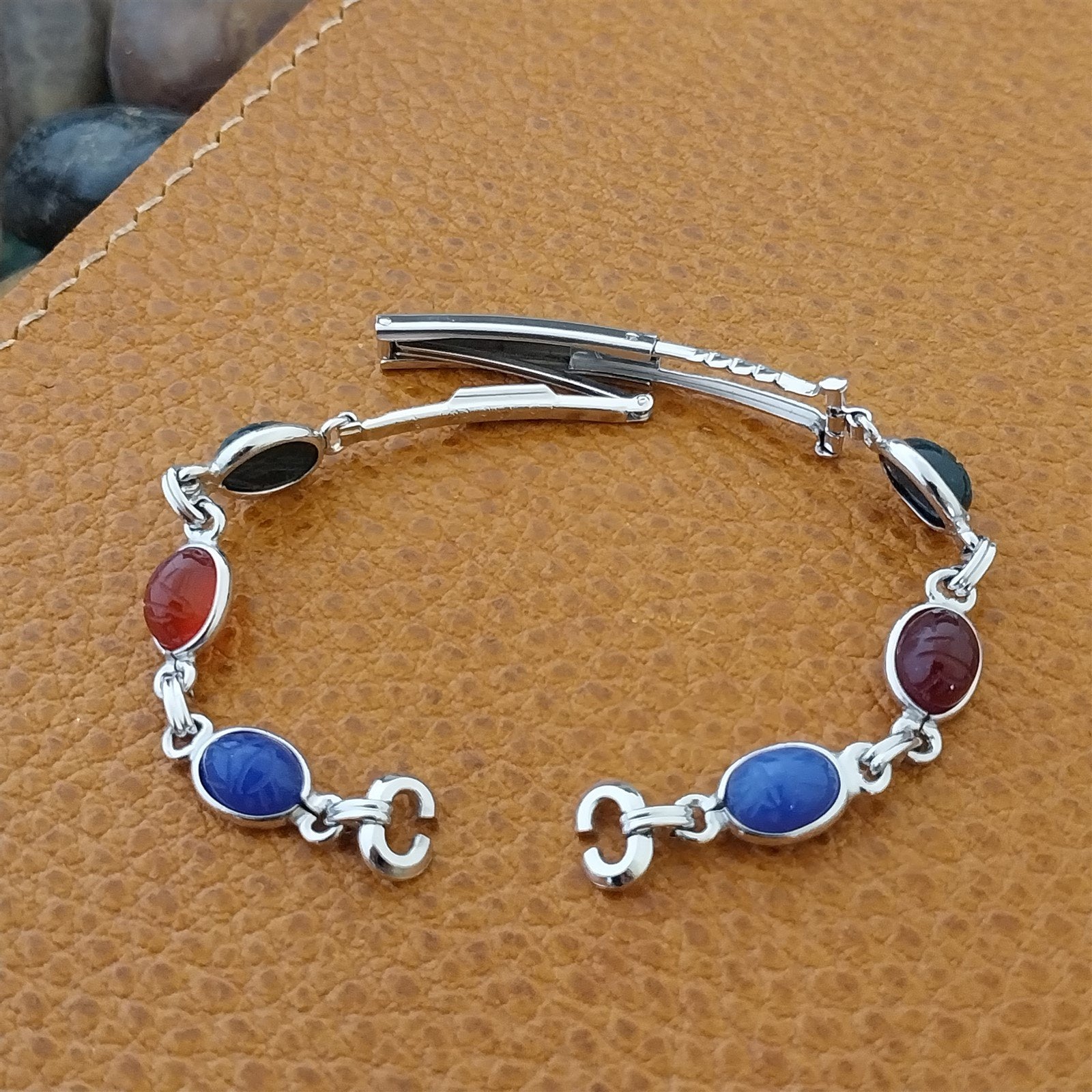 Vintage JB Champion Ladies Carved Scarabs & White Gold-Filled 1960s Watch Band