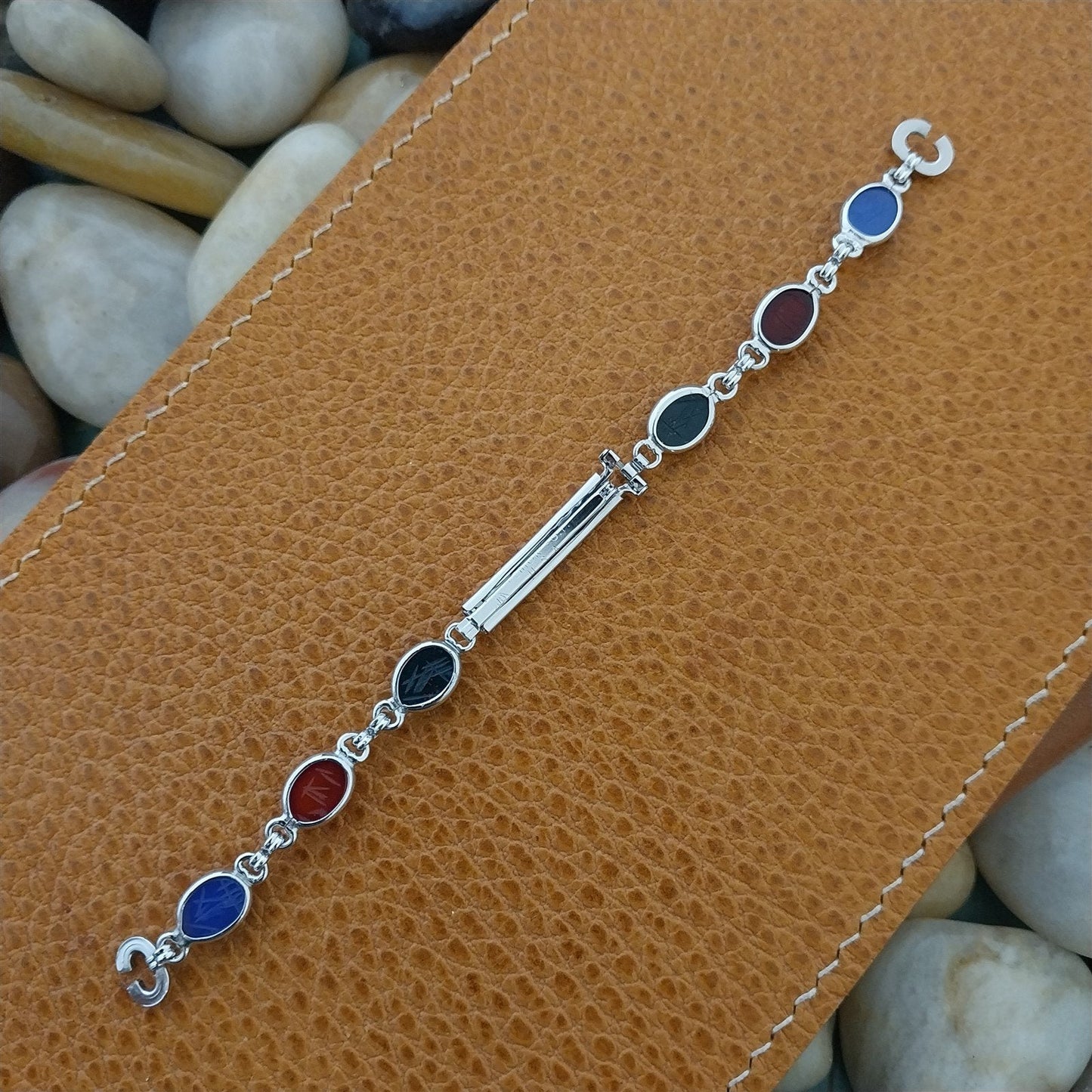 Vintage JB Champion Ladies Carved Scarabs & White Gold-Filled 1960s Watch Band