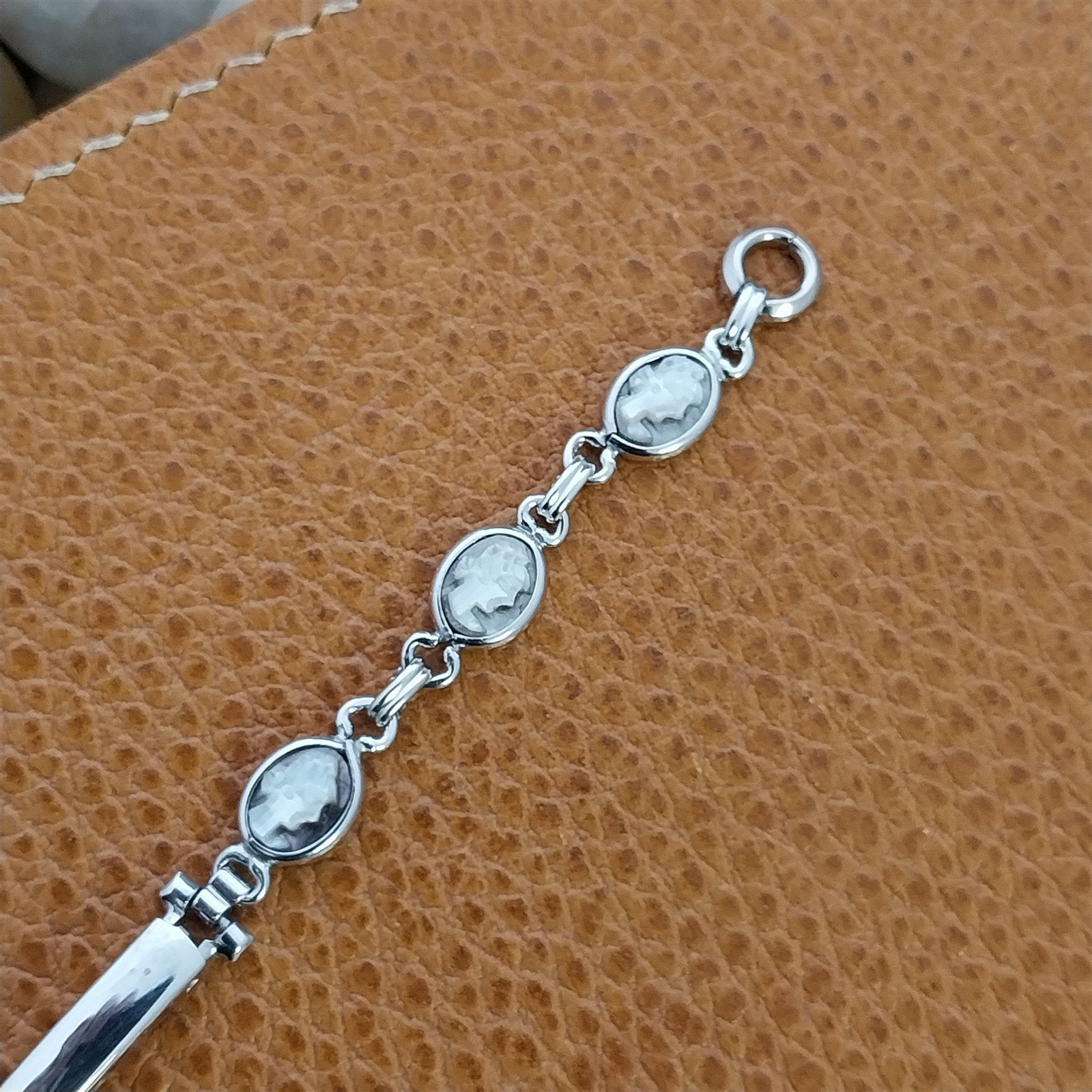 Vintage 1950s Ladies Kestenmade White Gold-Filled & Gray Shell Cameo Watch Band