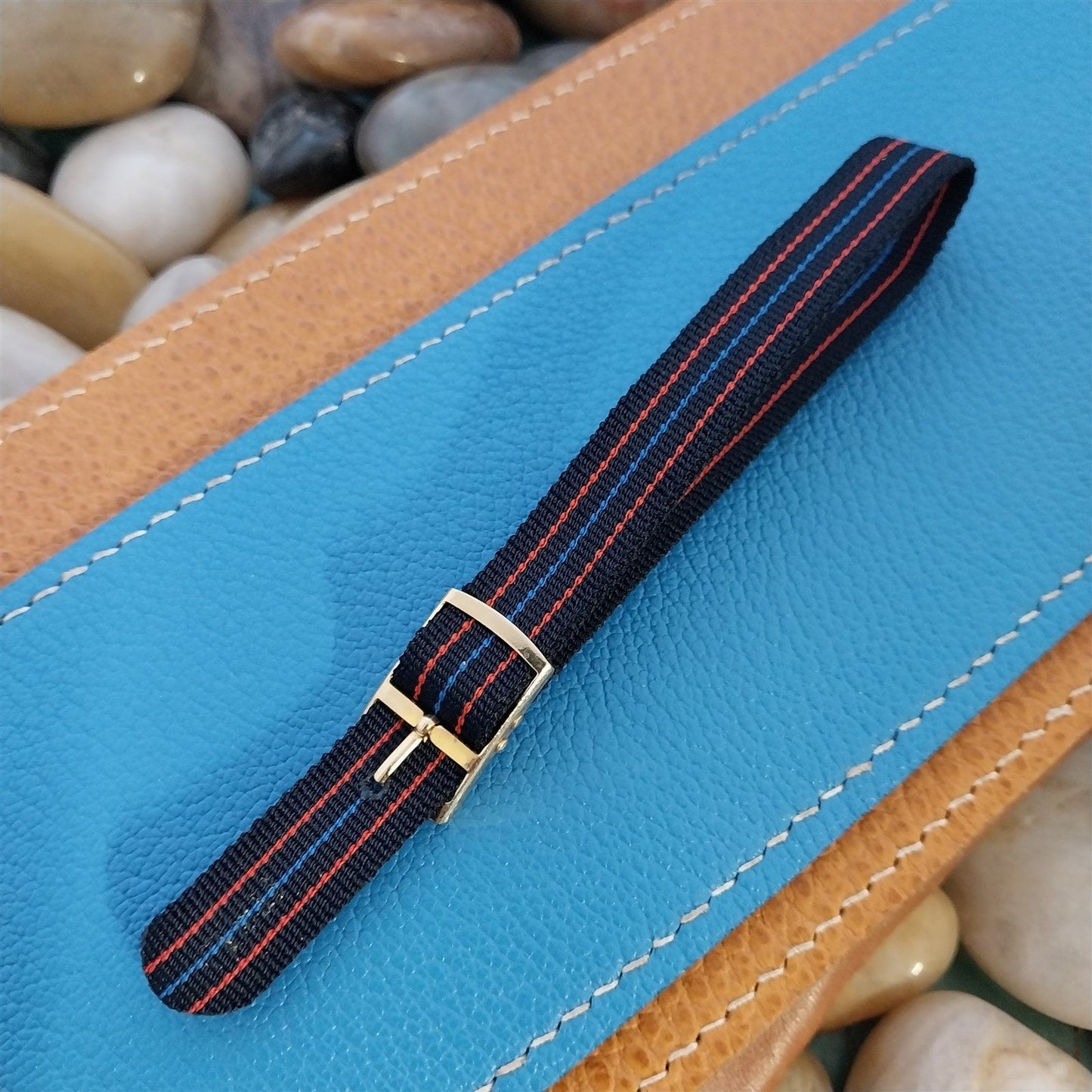 Vintage 11mm Italian Perlon Ladies 1960s Single Pass Dark Blue & Red Watch Band