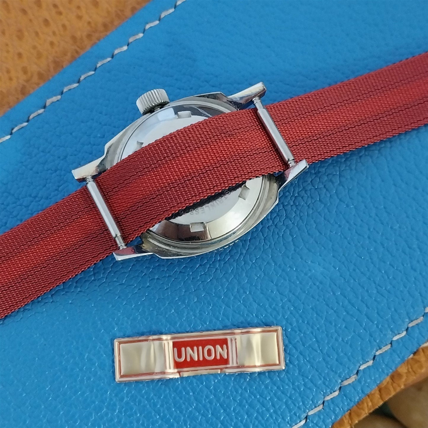 Vintage 12mm Union Perlon Ladies 1960s Single Pass Blue & Red Unused Watch Band