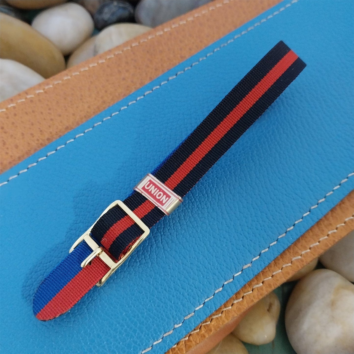 Vintage 12mm Union Perlon Ladies 1960s Single Pass Blue & Red Unused Watch Band