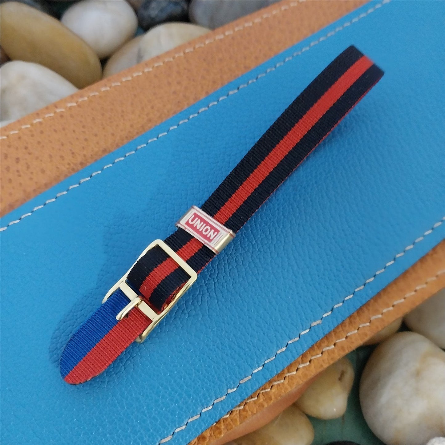 Vintage 12mm Union Perlon Ladies 1960s Single Pass Blue & Red Unused Watch Band