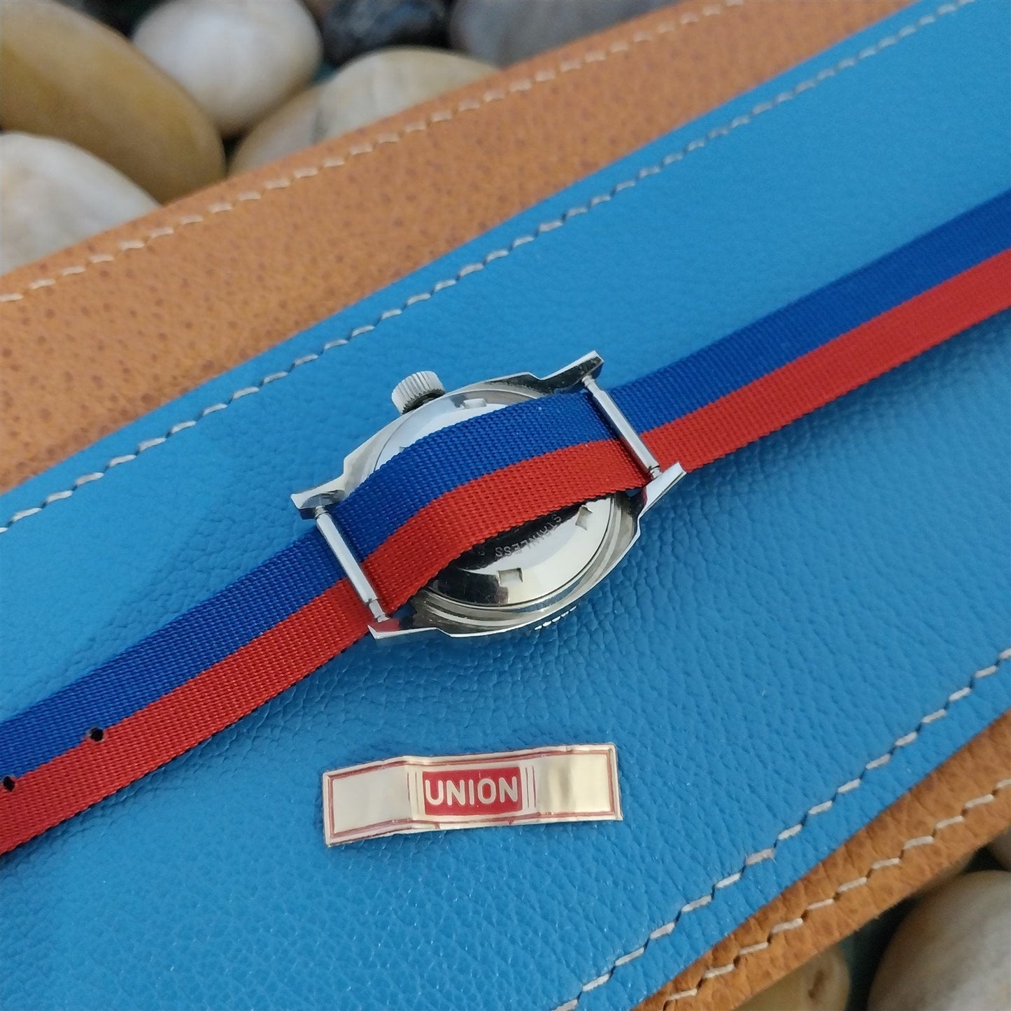 Vintage 12mm Union Perlon Ladies 1960s Single Pass Blue & Red Unused Watch Band